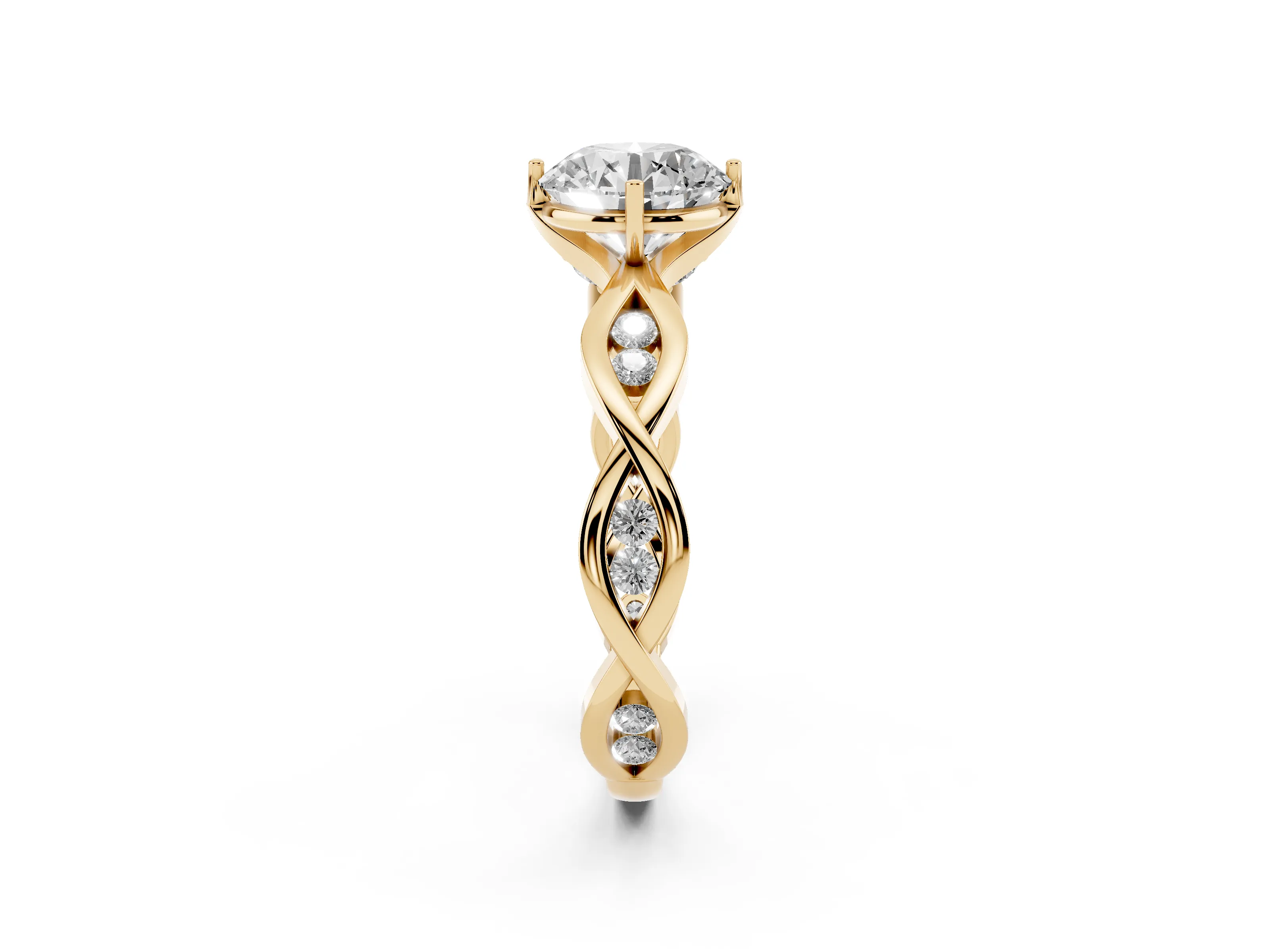 Round Cut Diamond Twist Band Solitaire Ring Set in Yellow gold with Leaf Prong Setting and Accent Stones