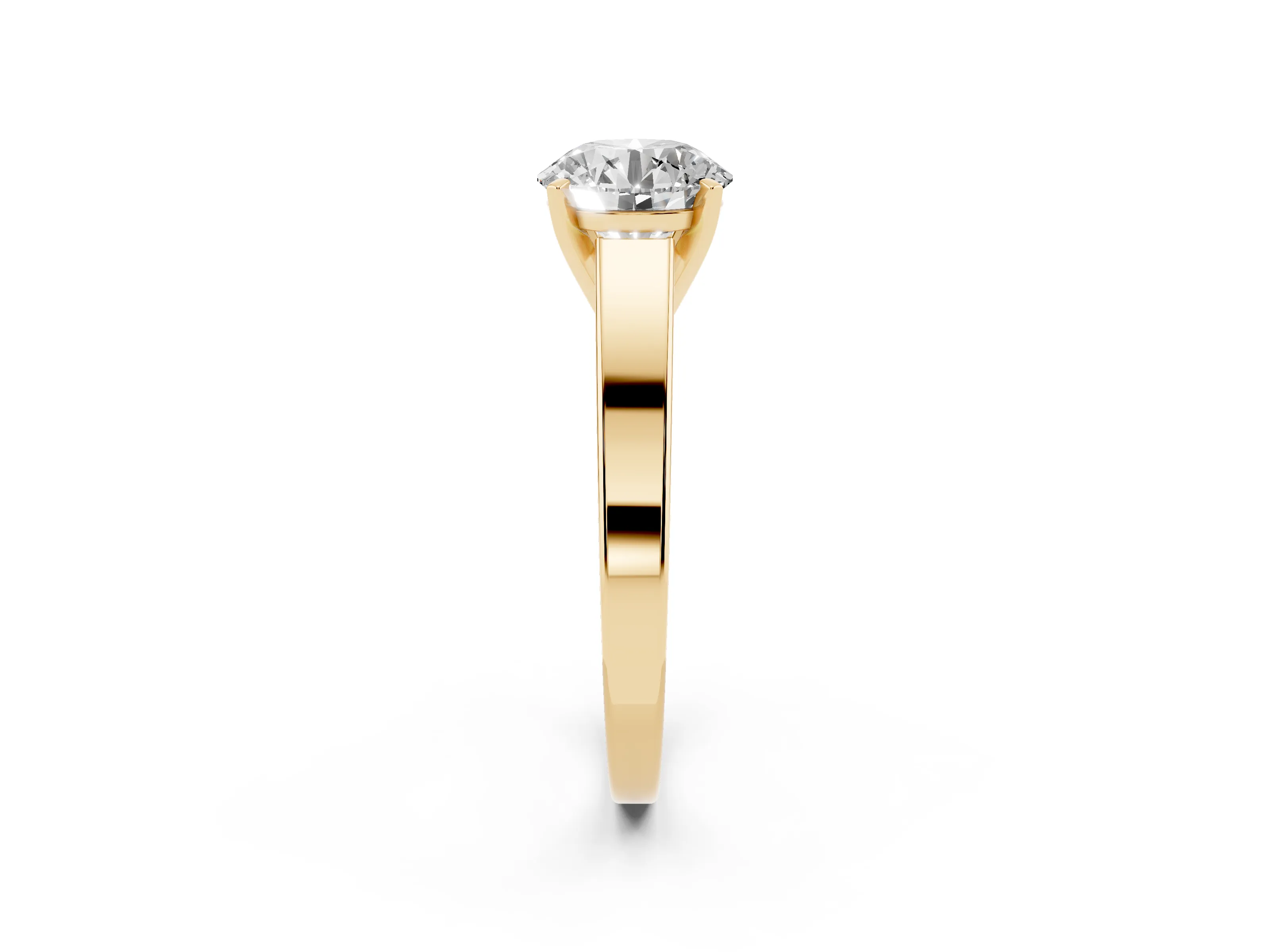 Round Cut Diamond Solitaire Engagement Ring Set in Yellow gold with Prong Setting and Tapered Band