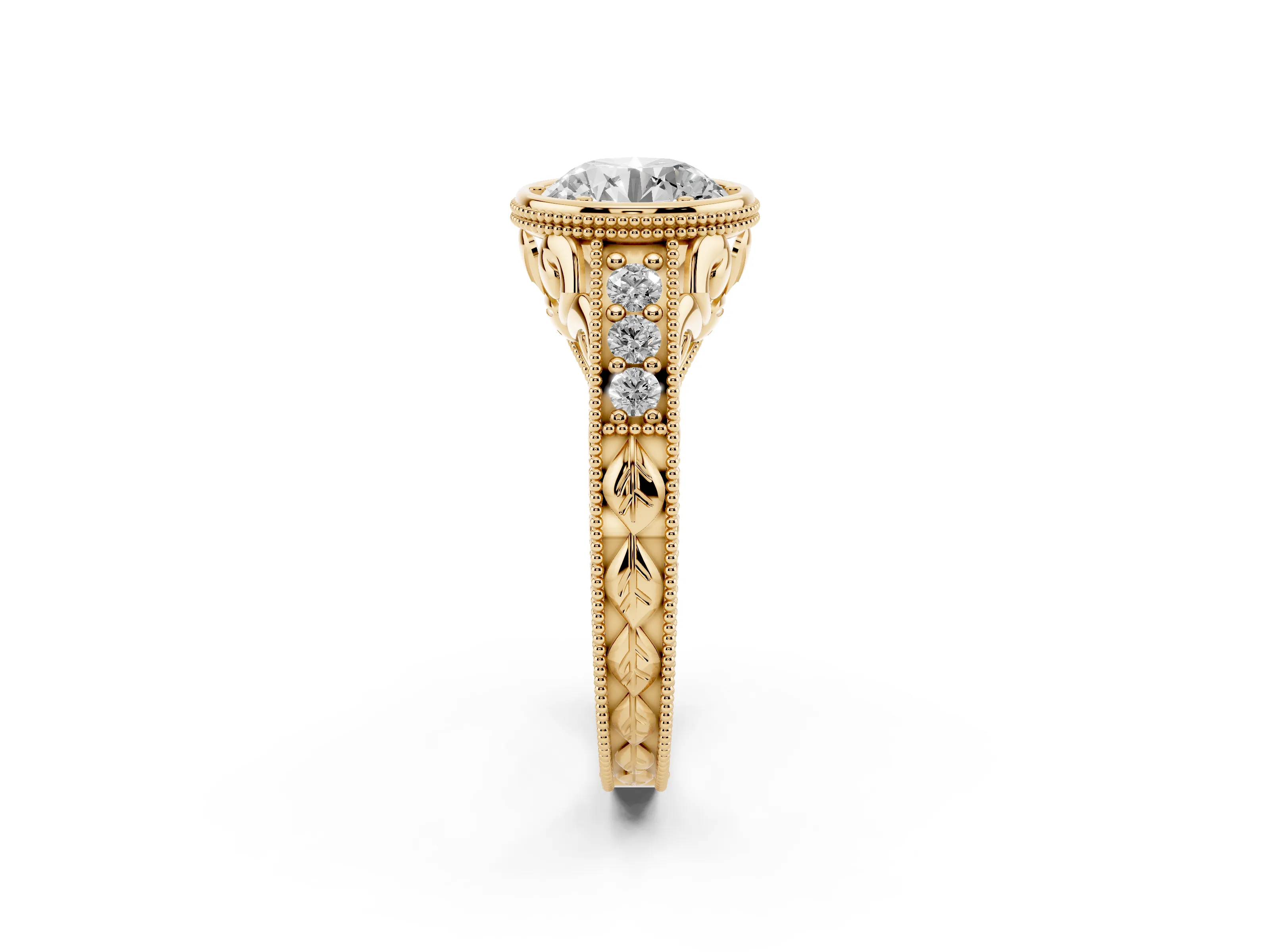 Bezel Set Round Cut Diamond Milgrain Pavé Engagement Ring Set in Yellow gold