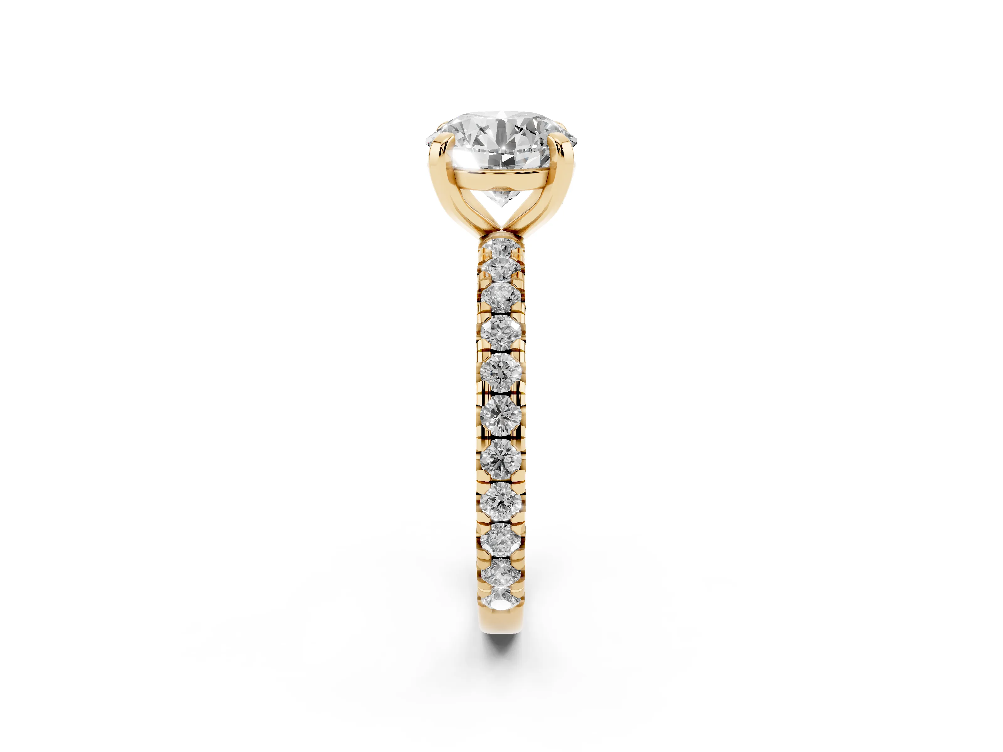 Round Cut Diamond Pavé Solitaire Ring Set in Yellow gold with Round Band and Prong Setting