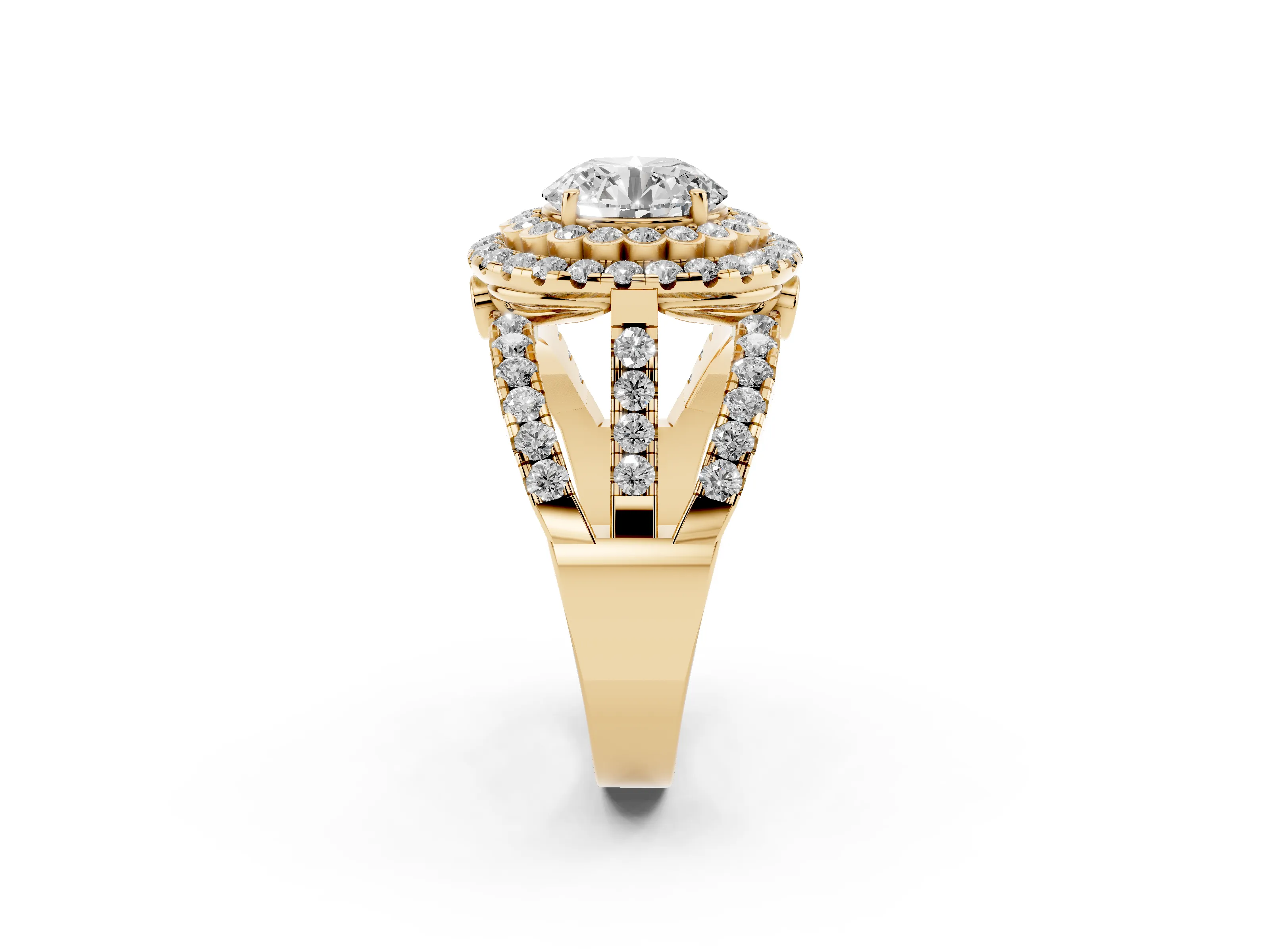 Round Cut Diamond Double Halo Ring Set in Yellow gold with Round Pavé Split Shank