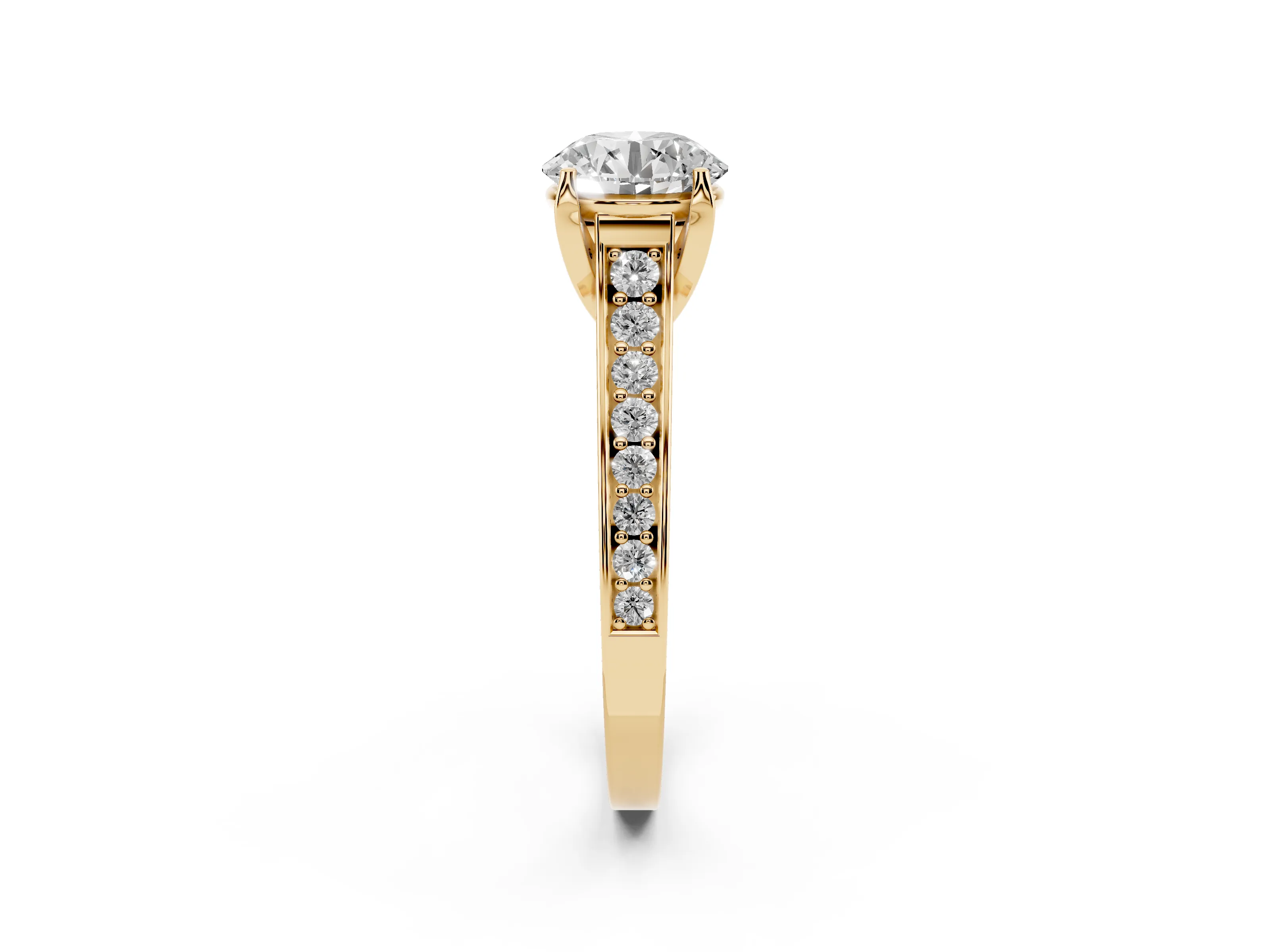 Round Cut Diamond Solitaire Pavé Engagement Ring Set in Yellow gold with Prong Setting