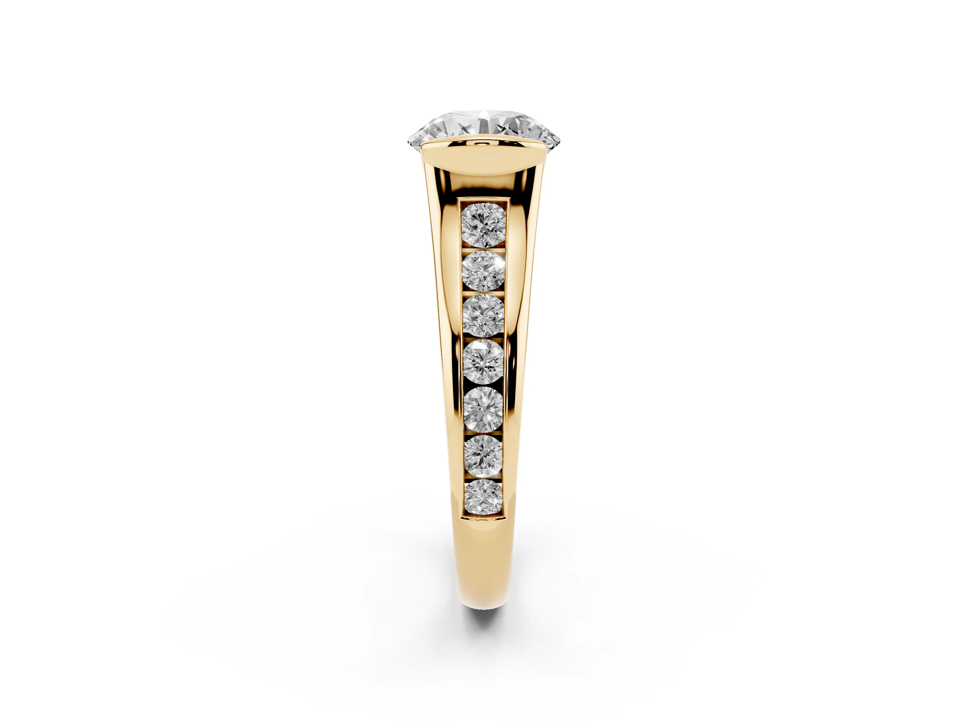 Round Cut Diamond Bezel-Set Solitaire Ring Set in Yellow gold with Channel-Set Band