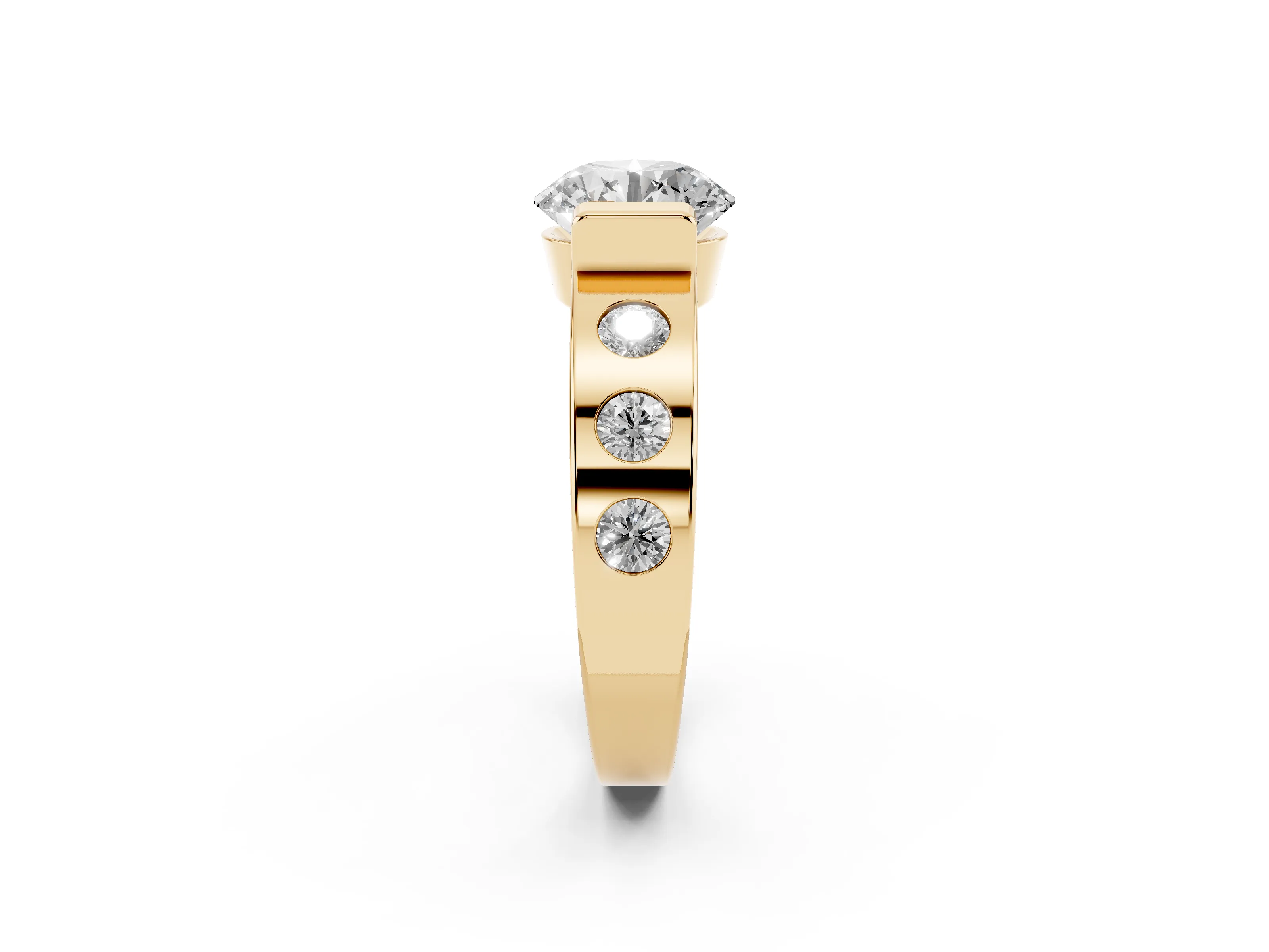 Round Cut Diamond Channel-Set Band Ring Set in Yellow gold with Bezel Prong Setting