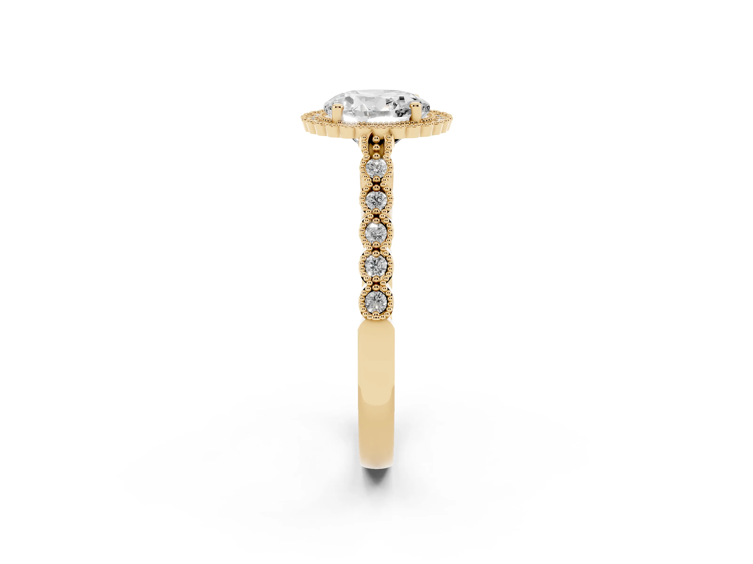 Round Cut Diamond Halo Ring Set in Yellow gold with Pavé Milgrain Band