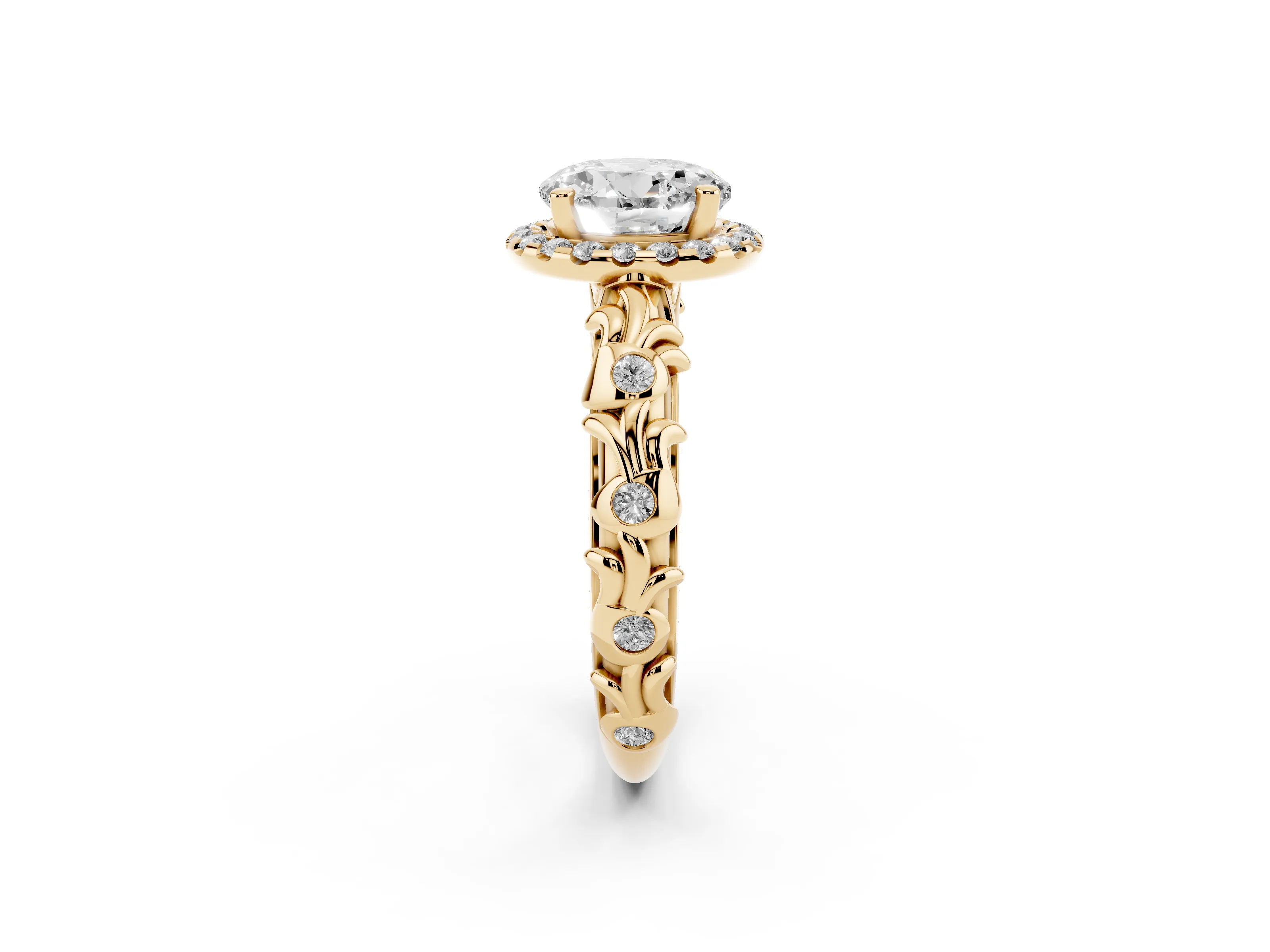 Round Cut Diamond Halo Ring Set in Yellow gold with Filigree Leaf Band and Prong Setting