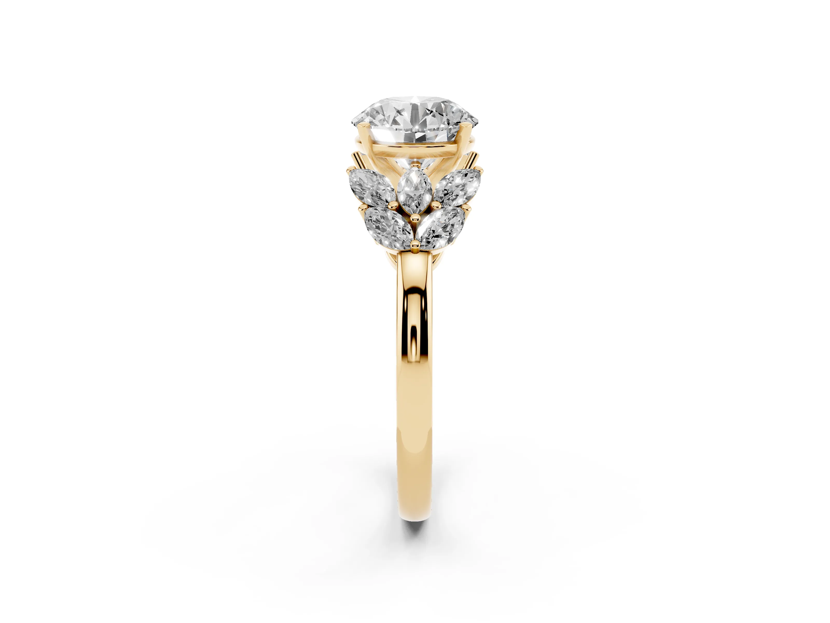 Round Cut Diamond Cluster Leaf Design Ring Set in Yellow gold with Prong Setting
