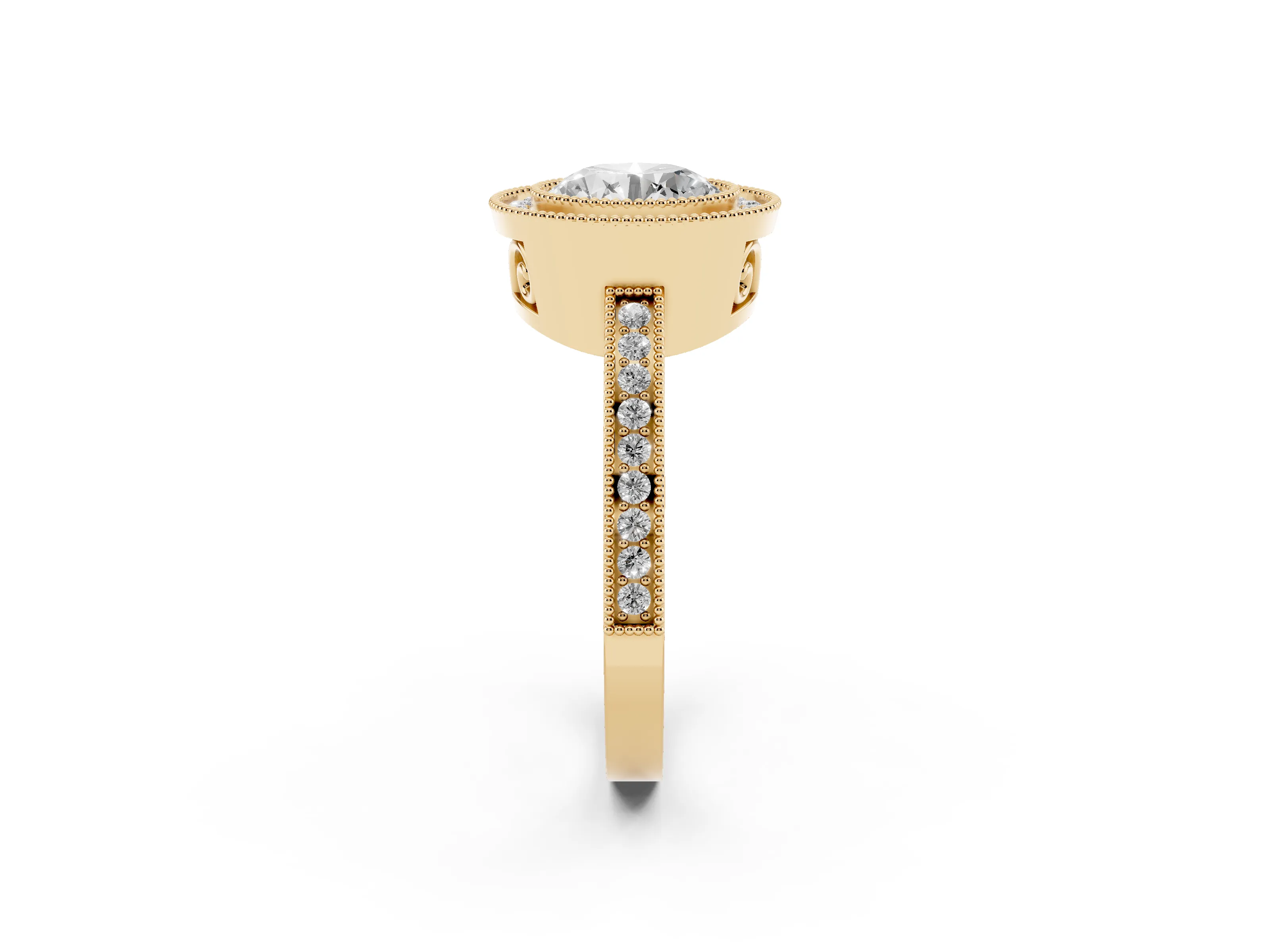 Round Cut Diamond Halo Ring Set in Yellow gold with Pavé Band and Milgrain-Edged Prongs