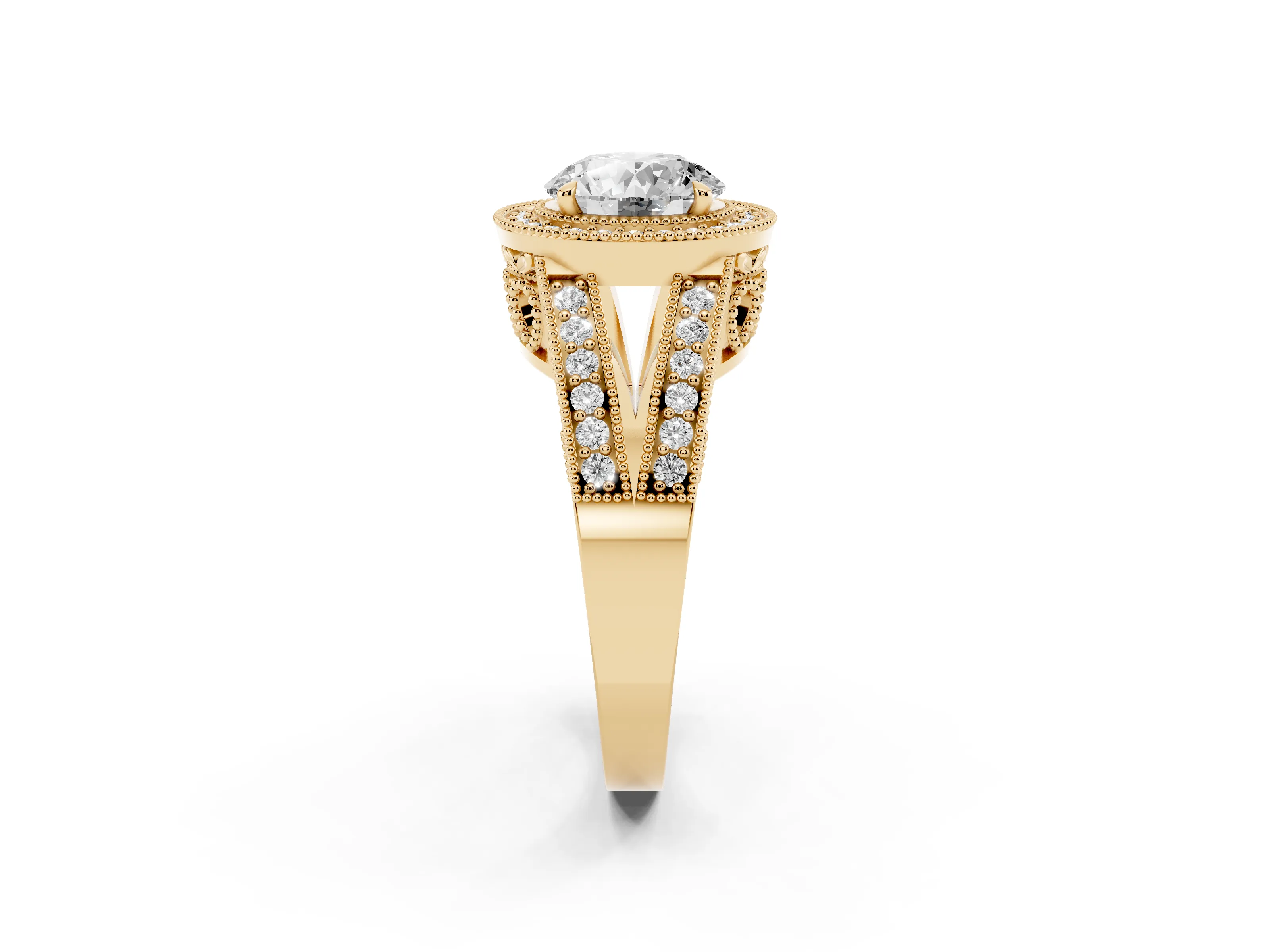 Round Cut Diamond Halo Ring Set in Yellow gold with Stone-Set Split Shank and Milgrain Edges