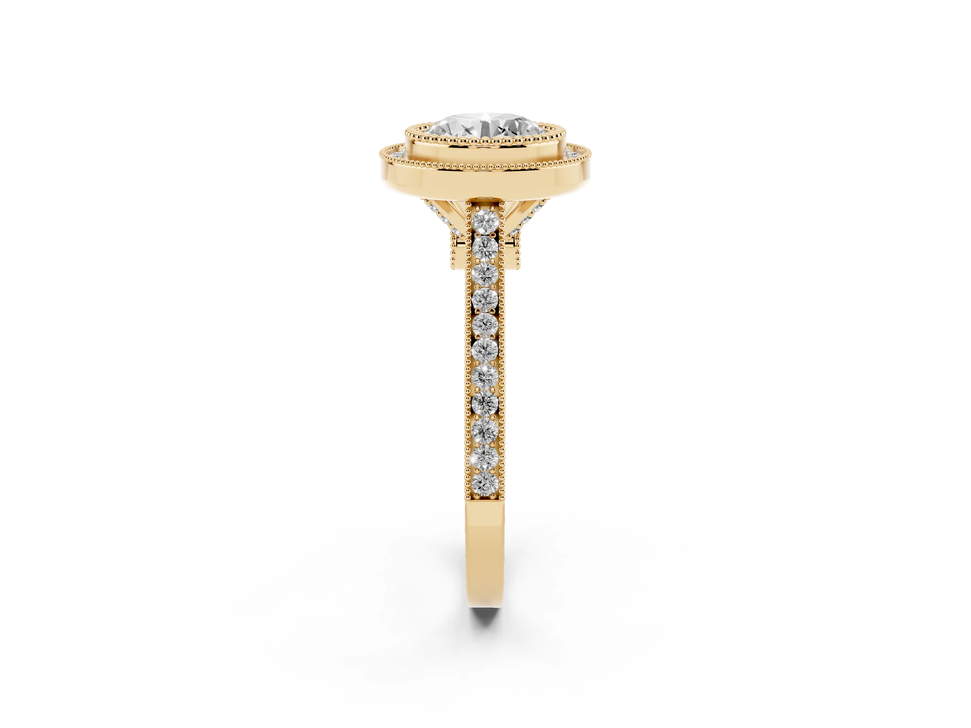 Round Cut Diamond Halo Ring Set in Yellow gold with Milgrain Frame and Pavé Band
