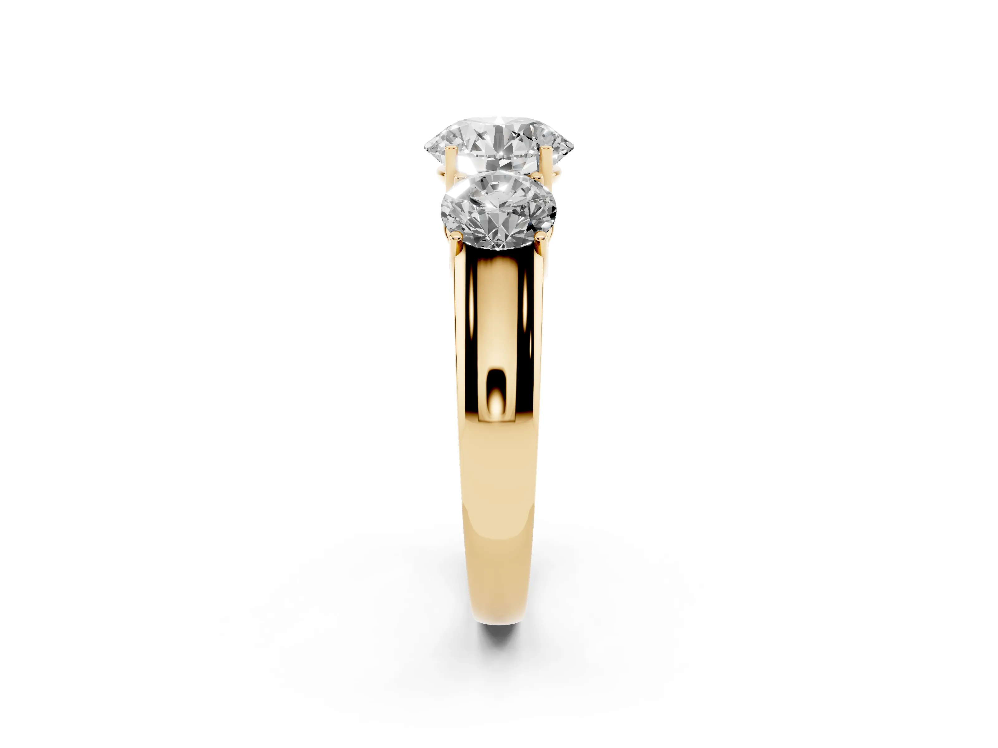 Three-Stone Round Cut Diamond Ring Set in Yellow gold with Matching Prong Settings and Plain Band