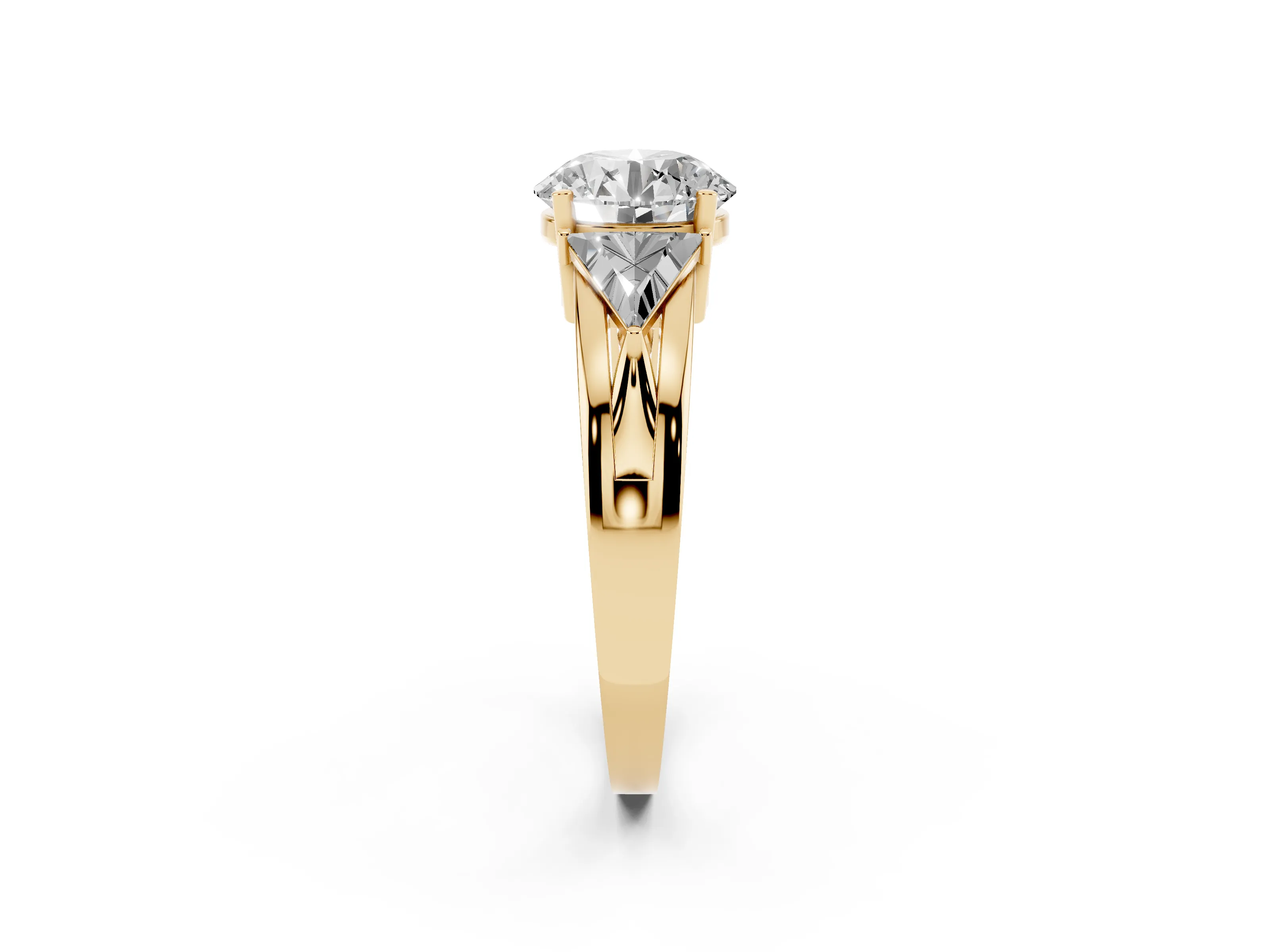 Round Cut Diamond Three-Stone Ring Set in Yellow gold with Trillion Side Stones and Split Shank