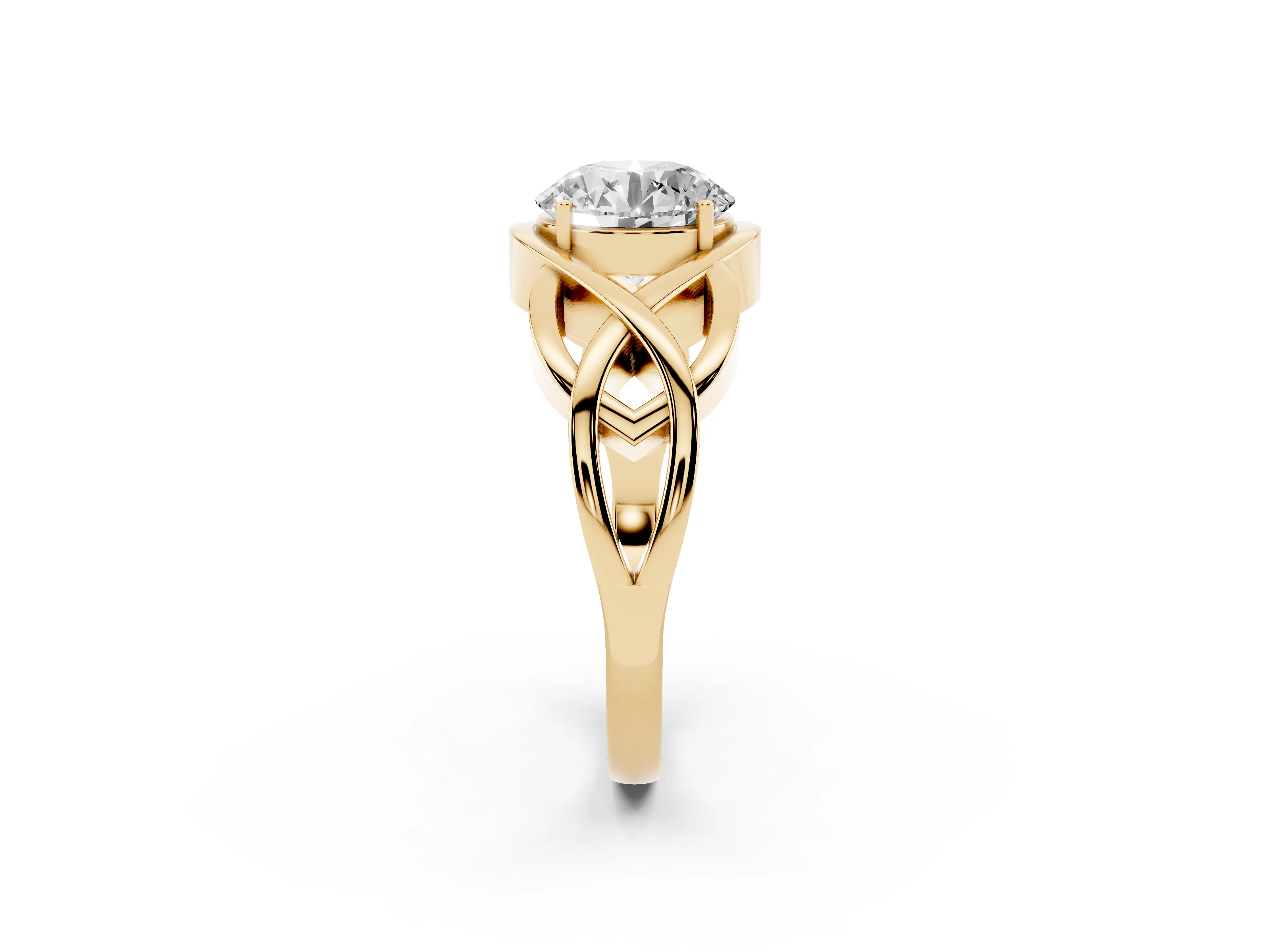 Round Cut Diamond Solitaire Ring Set in Yellow gold with Intertwined Band