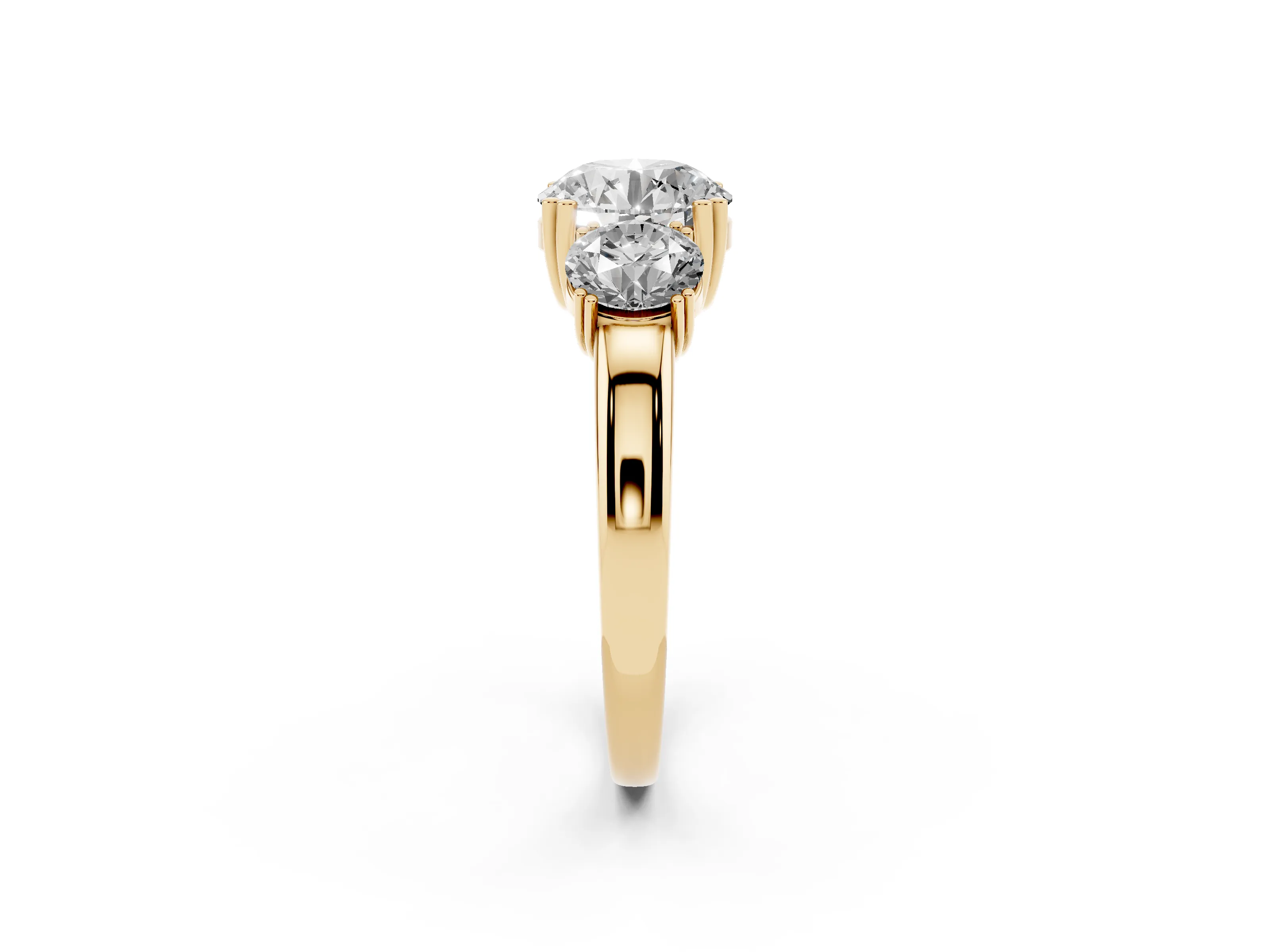 Round Cut Diamond Three-Stone Ring Set in Yellow gold with Polished Channel-Set Band