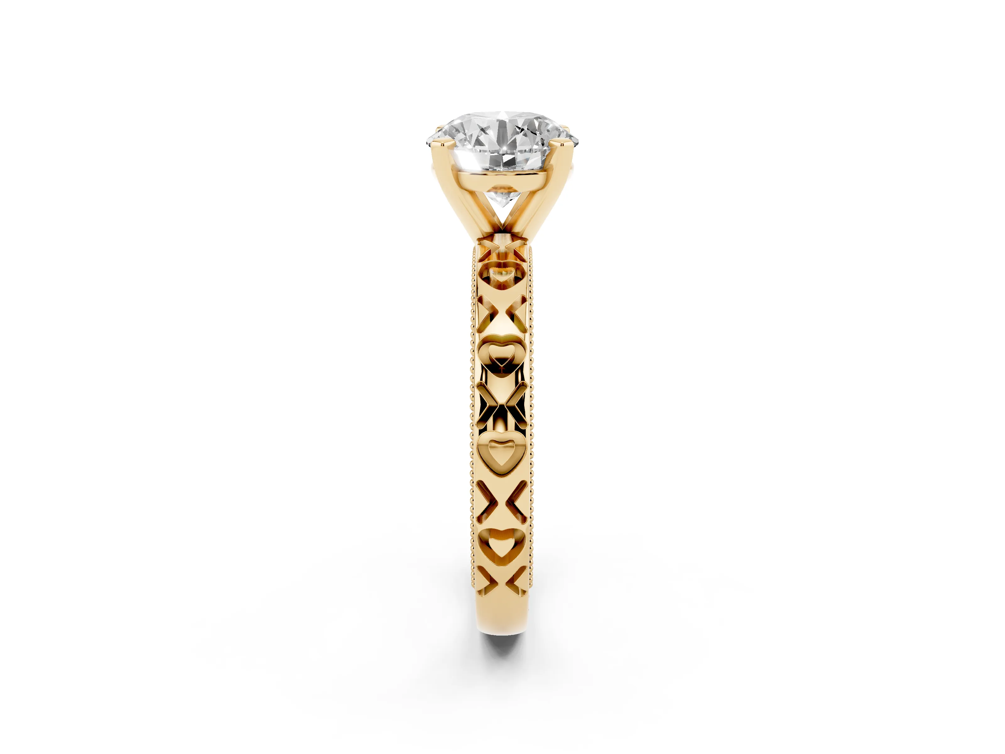 Round Cut Diamond Solitaire Engagement Ring Set in Yellow gold with XO Engraved Band and Prong Setting