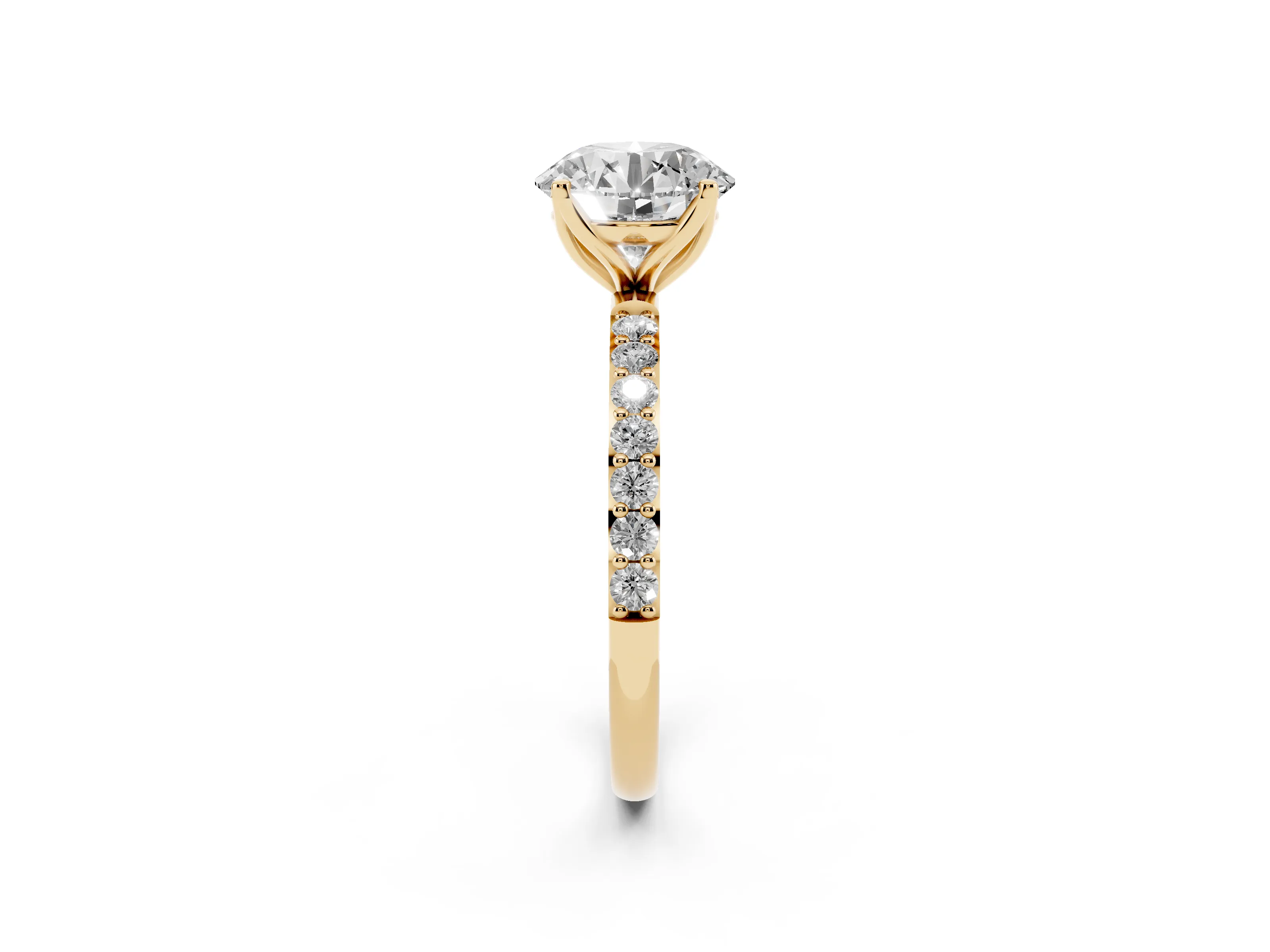 Round Cut Diamond Solitaire Engagement Ring Set in Yellow gold with Round Pavé Band and Prong Setting