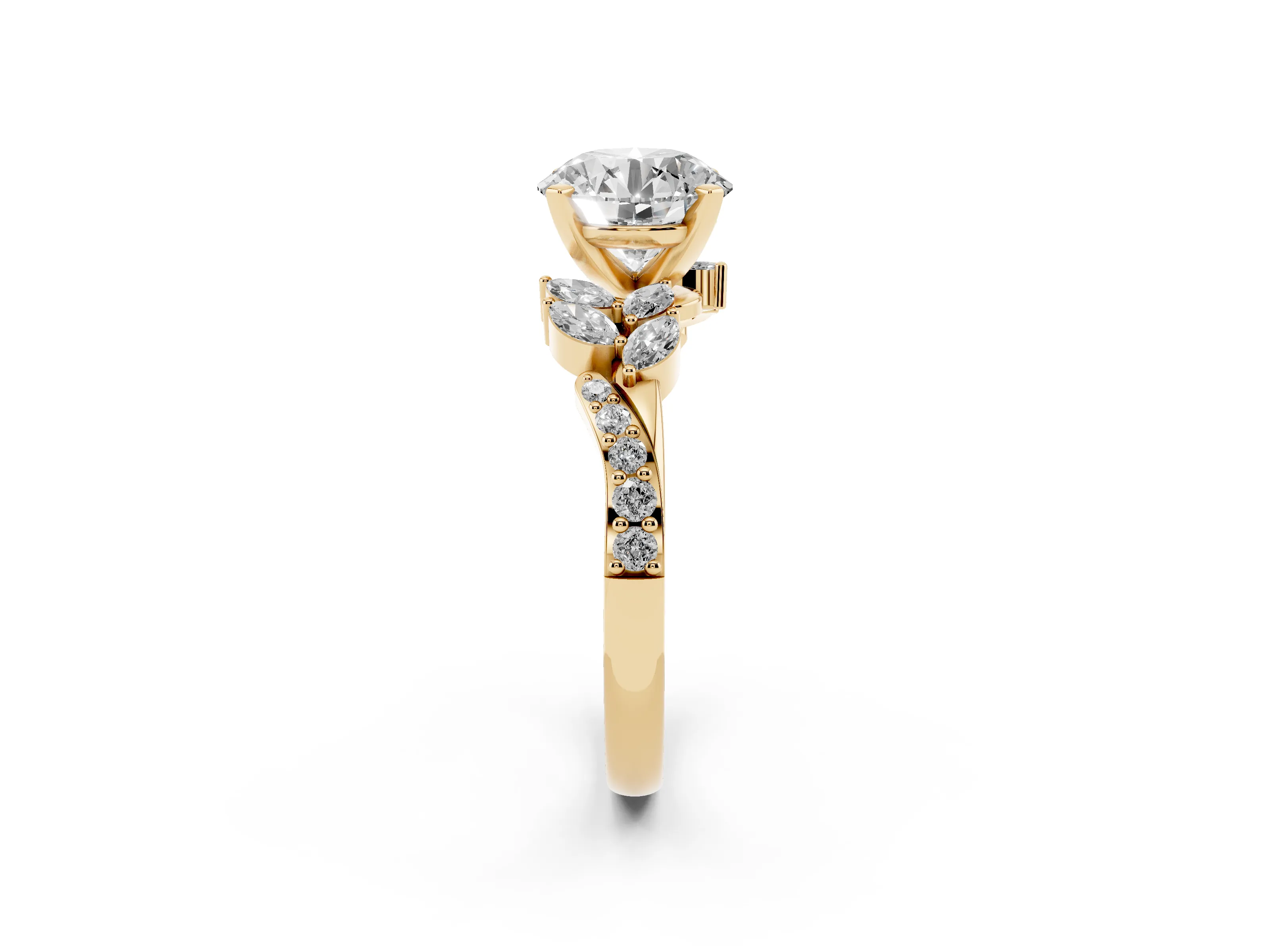 Round Cut Diamond Solitaire Ring Set in Yellow gold with Marquise Twist Band and Prong Setting