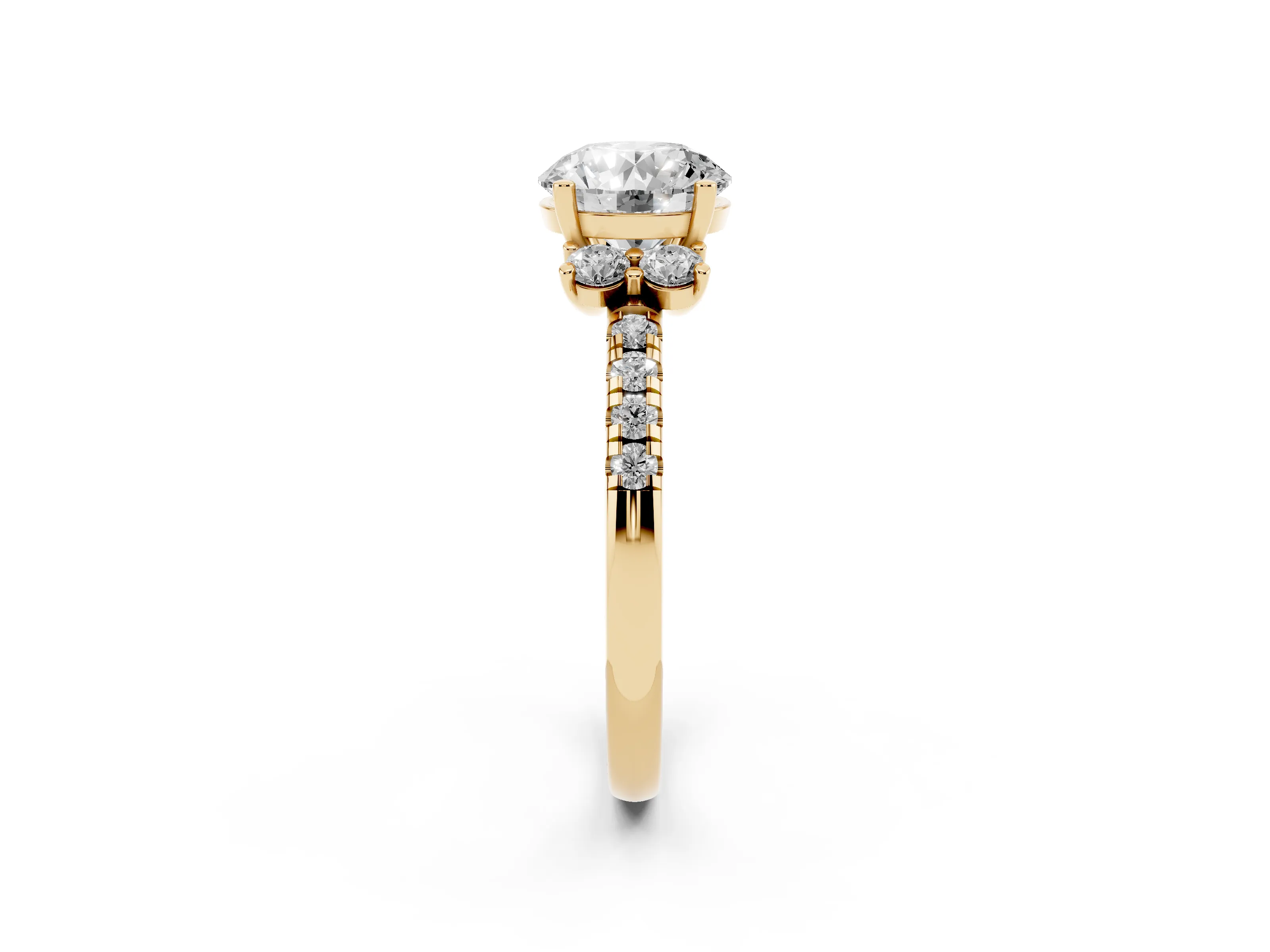 Round Cut Diamond Three-Stone Pavé Ring Set in Yellow gold with Prong Setting