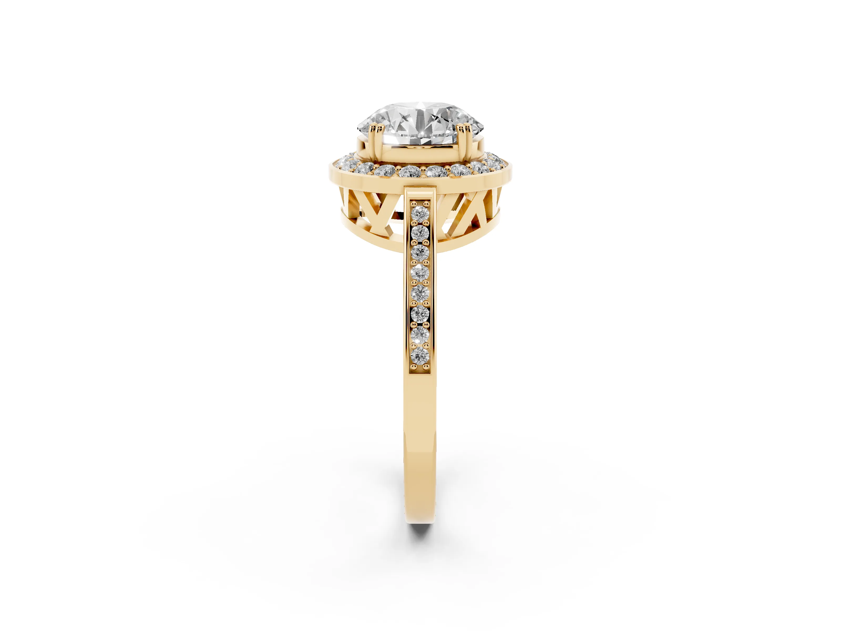 Round Cut Diamond Halo Ring Set in Yellow gold with Accent-Lined Split Shank and Prong Setting