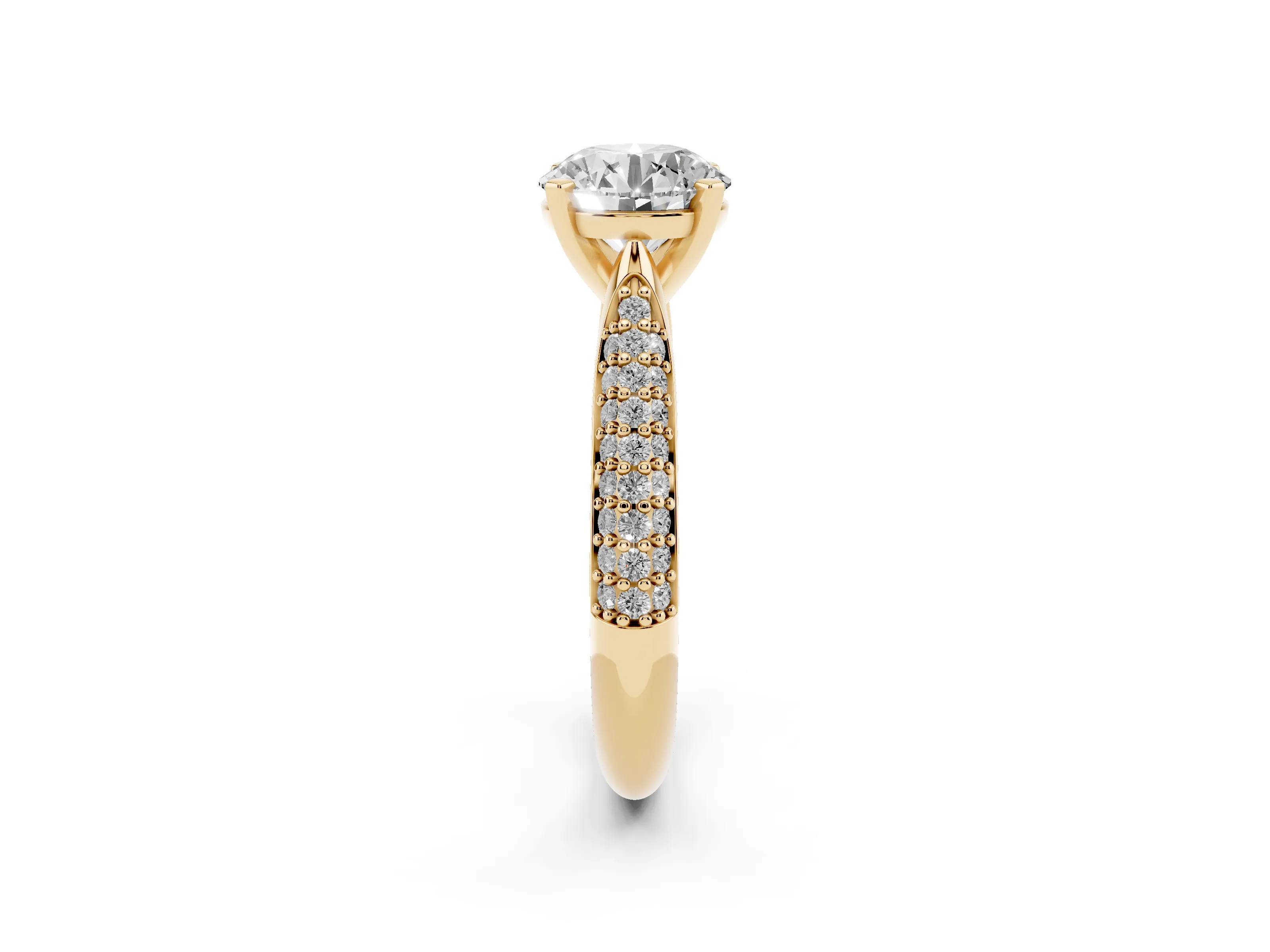 Round Cut Diamond Solitaire Engagement Ring Set in Yellow gold with Multi-Row Round Pavé Band and Prong Setting