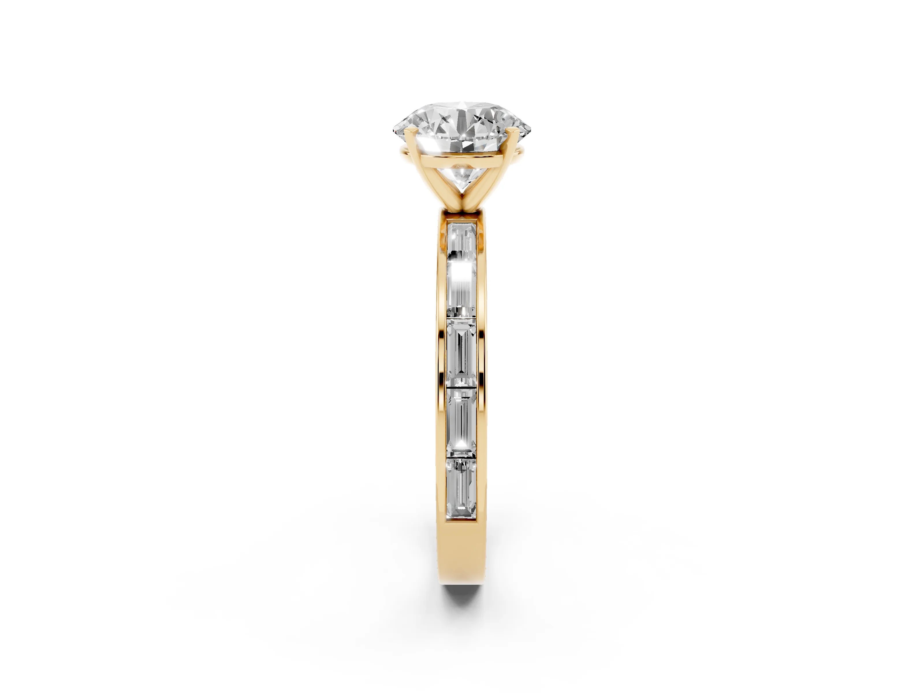 Round Cut Diamond Solitaire Ring Set in Yellow gold with Channel-Set Baguette Band and Prong Setting