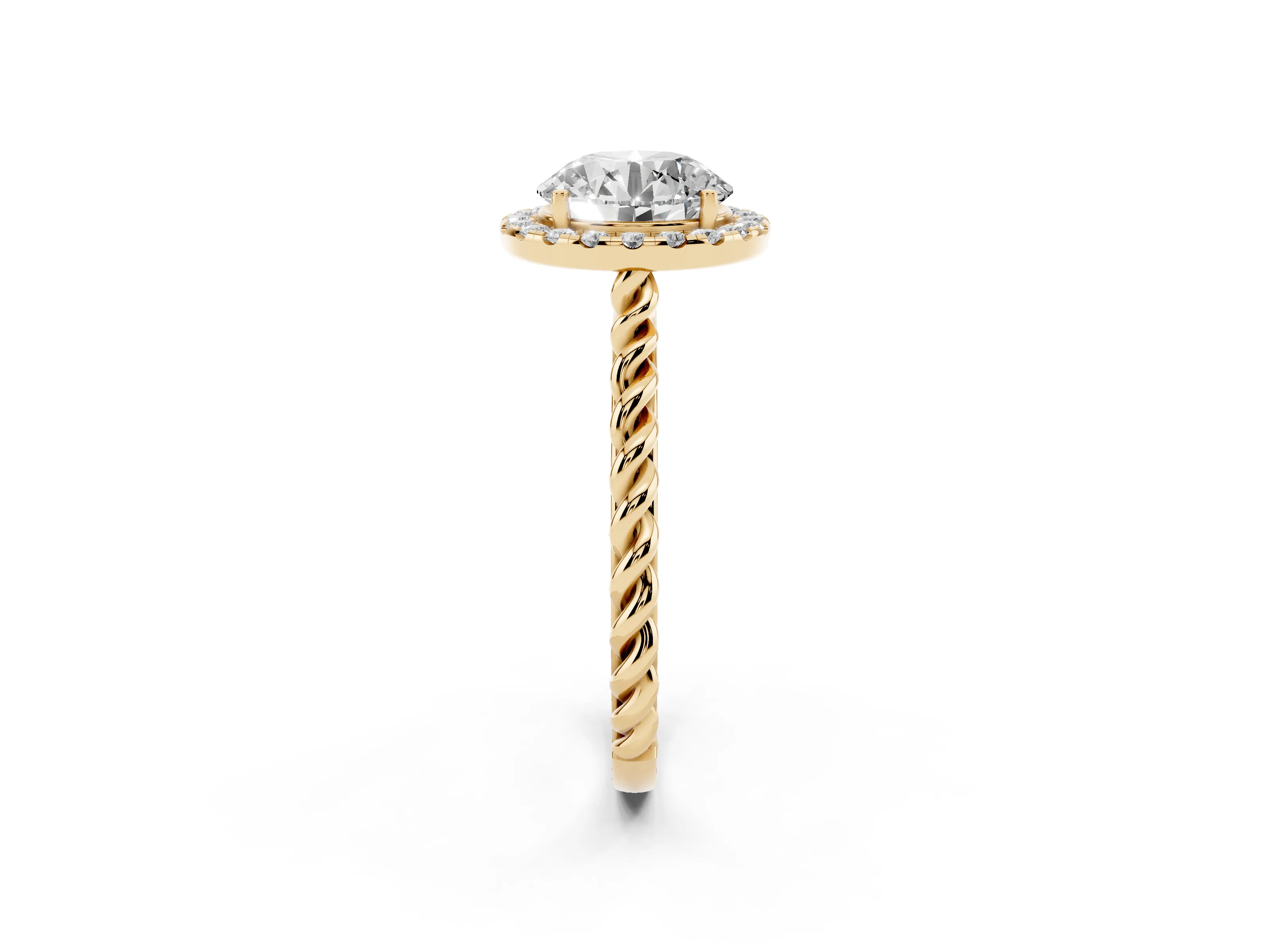Round Cut Diamond Halo Ring Set in Yellow gold with Plain Twisted Band