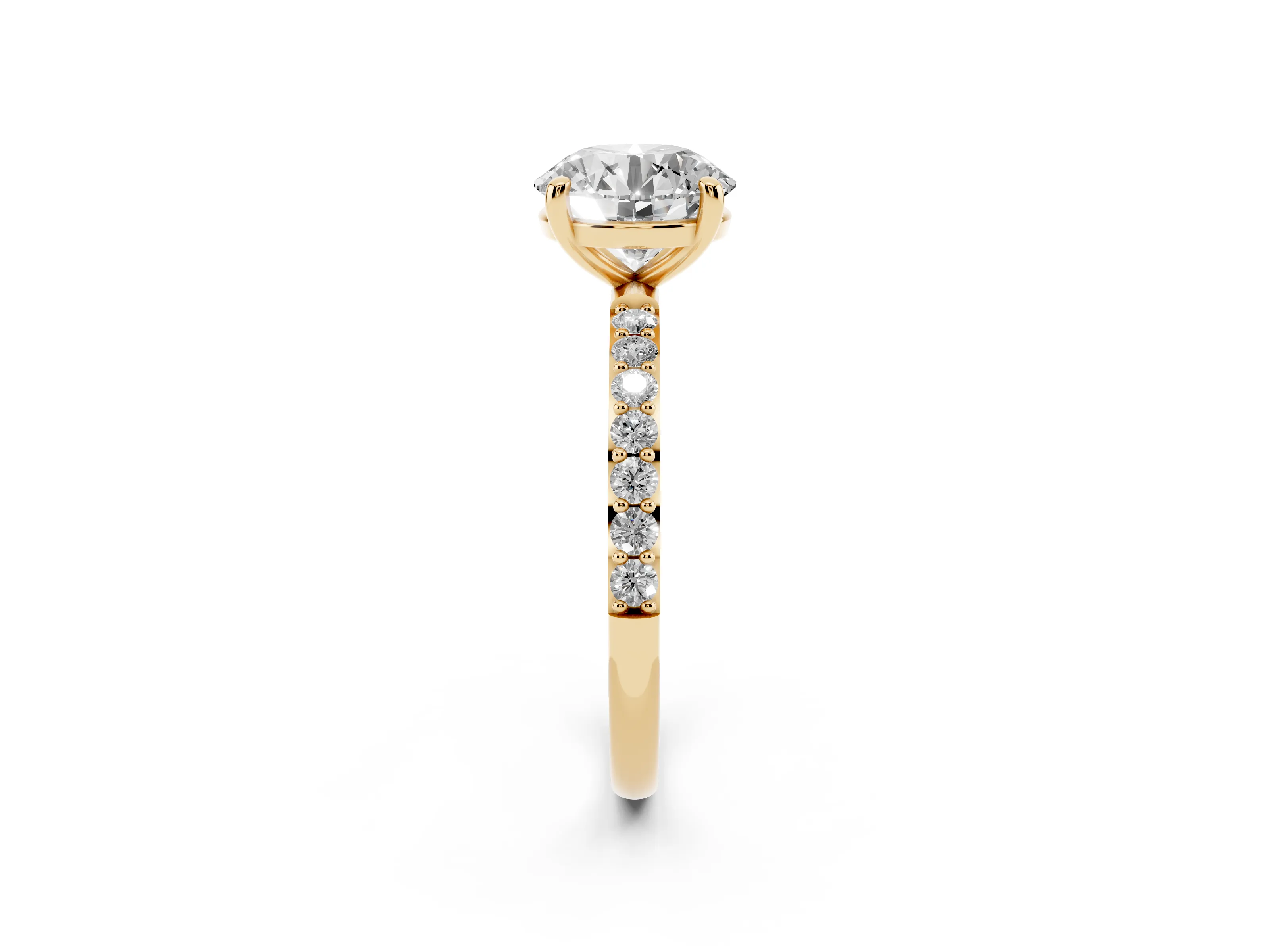 Round Cut Diamond Solitaire Ring Set in Yellow gold with Round Pavé Band and Prong Setting