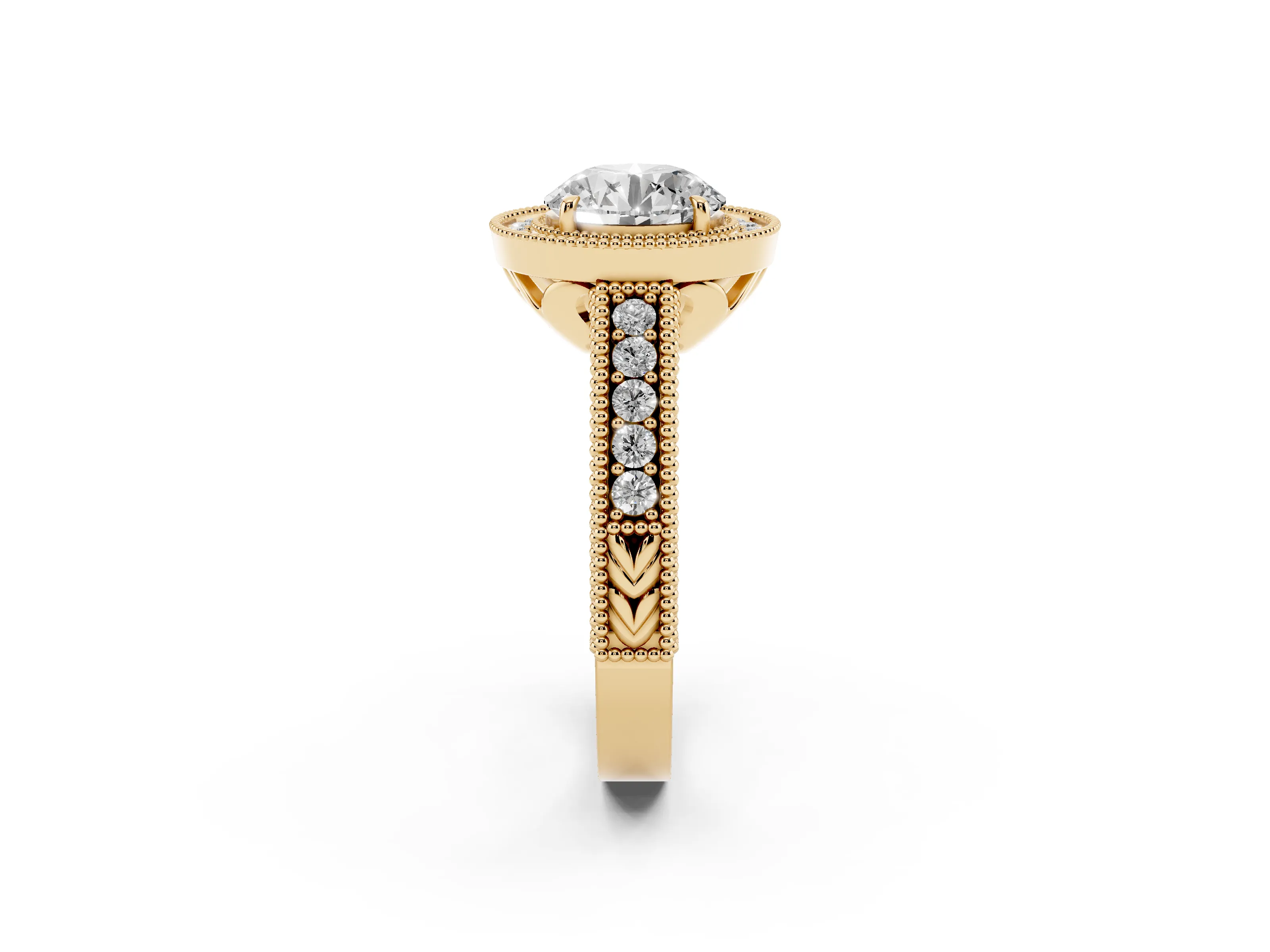 Round Cut Diamond Halo Ring Set in Yellow gold with Round Accent Halo, Pavé Band and Prong Setting