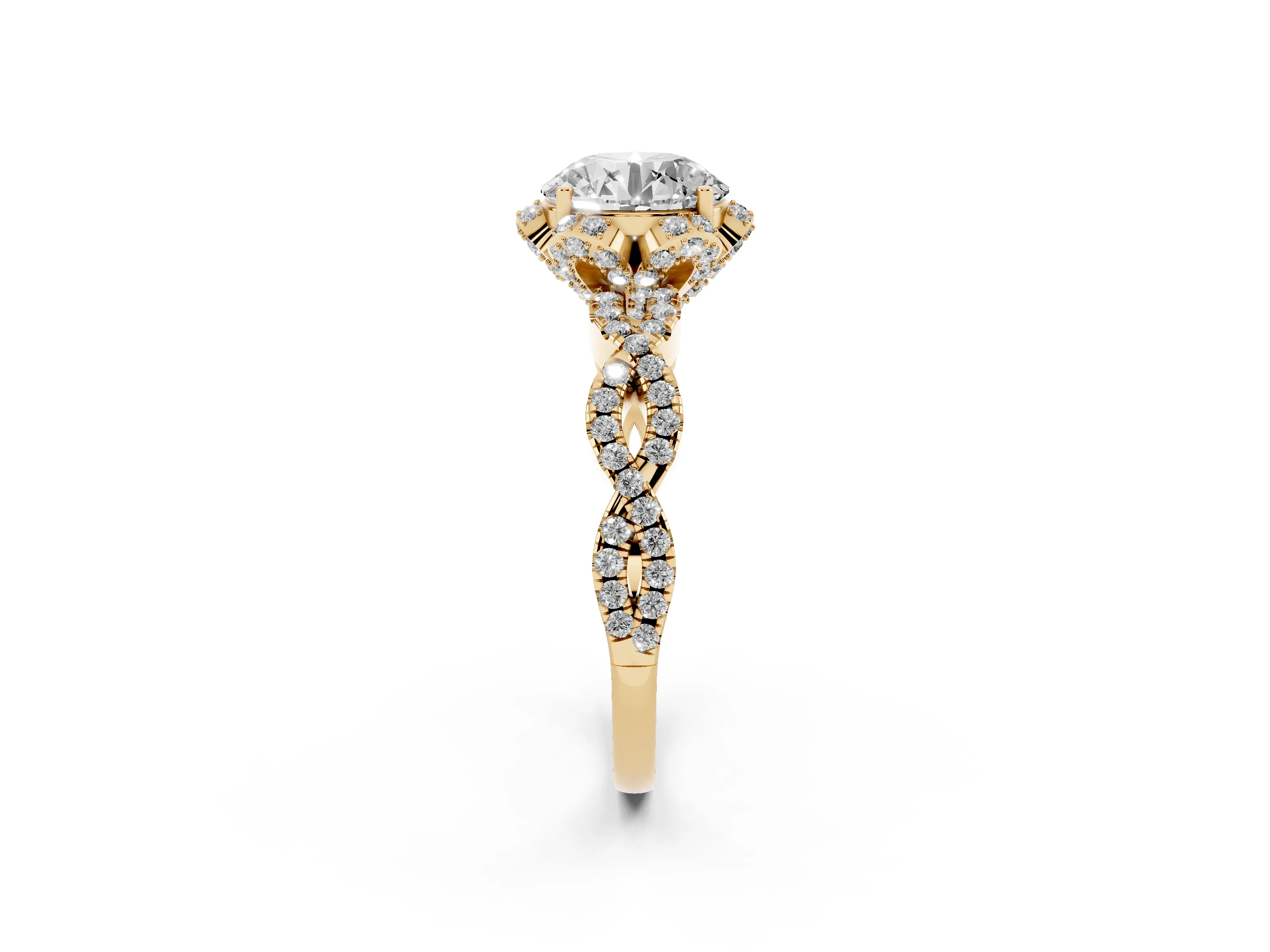 Round Cut Diamond Halo Twist Band Solitaire Ring Set in Yellow gold with Prong-Set Center Stone