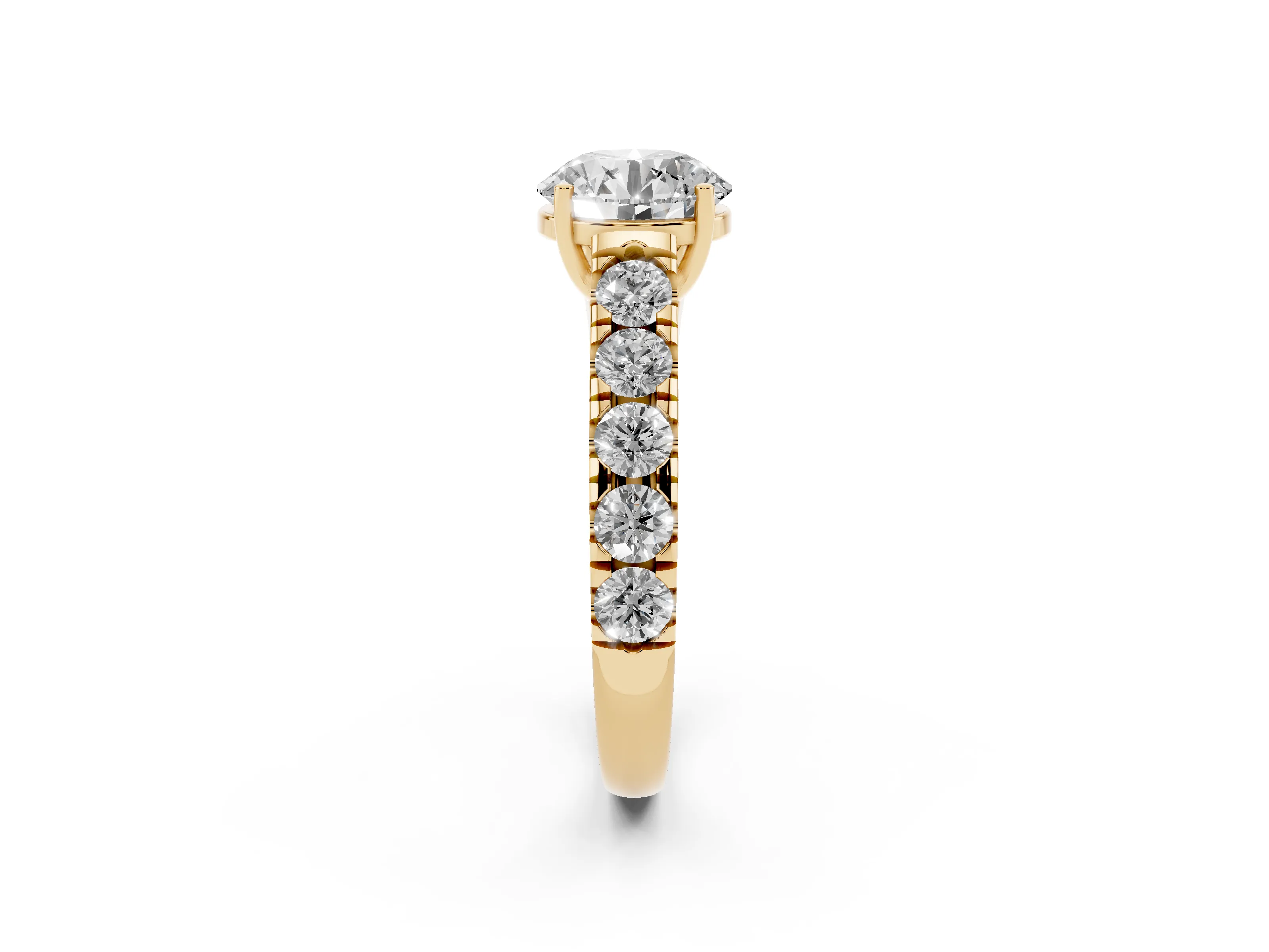 Round Cut Diamond Solitaire Ring Set in Yellow gold with Cut-Down Micro Pavé Band and Prong Setting