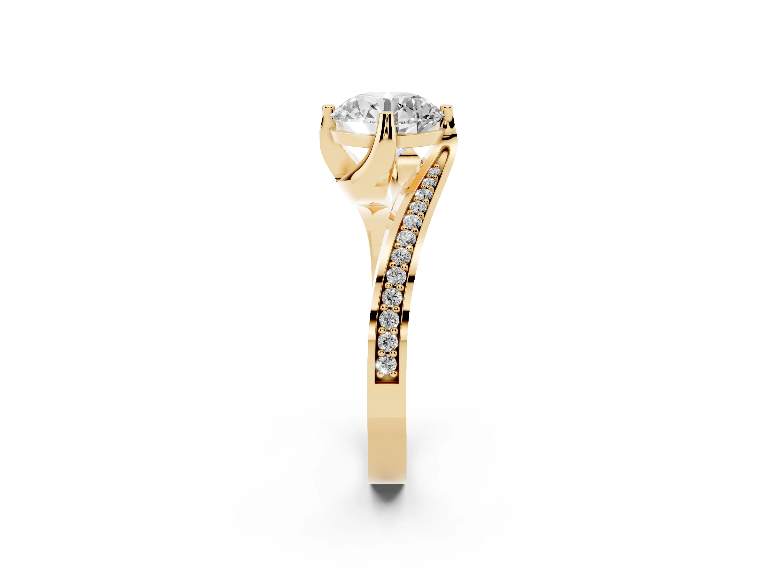 Round Cut Diamond Solitaire Ring Set in Yellow gold with Intertwined Pavé Twist Band