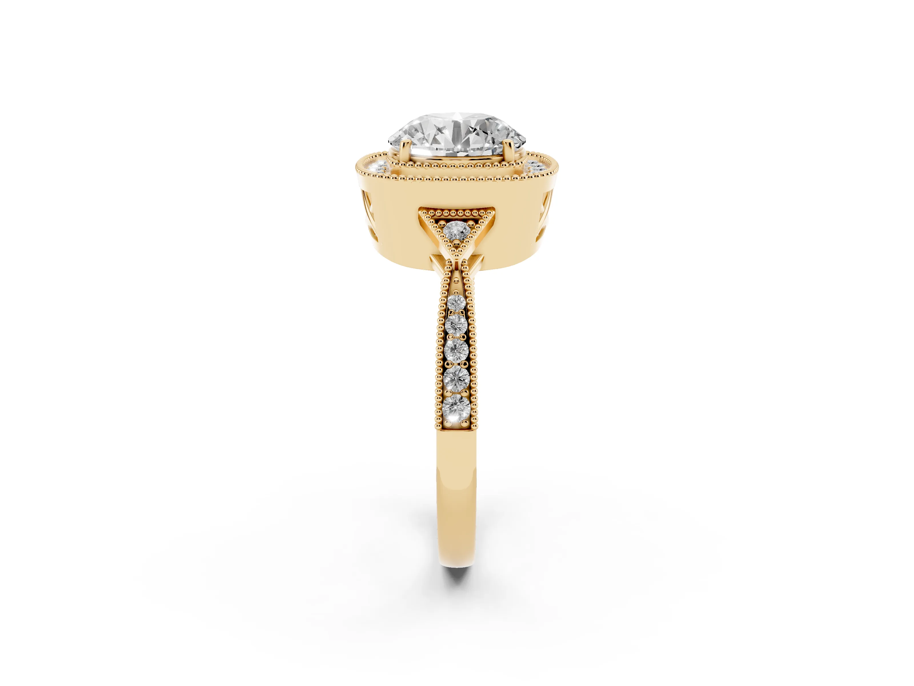 Round Cut Diamond Halo Engagement Ring Set in Yellow gold with Milgrain Pavé Band