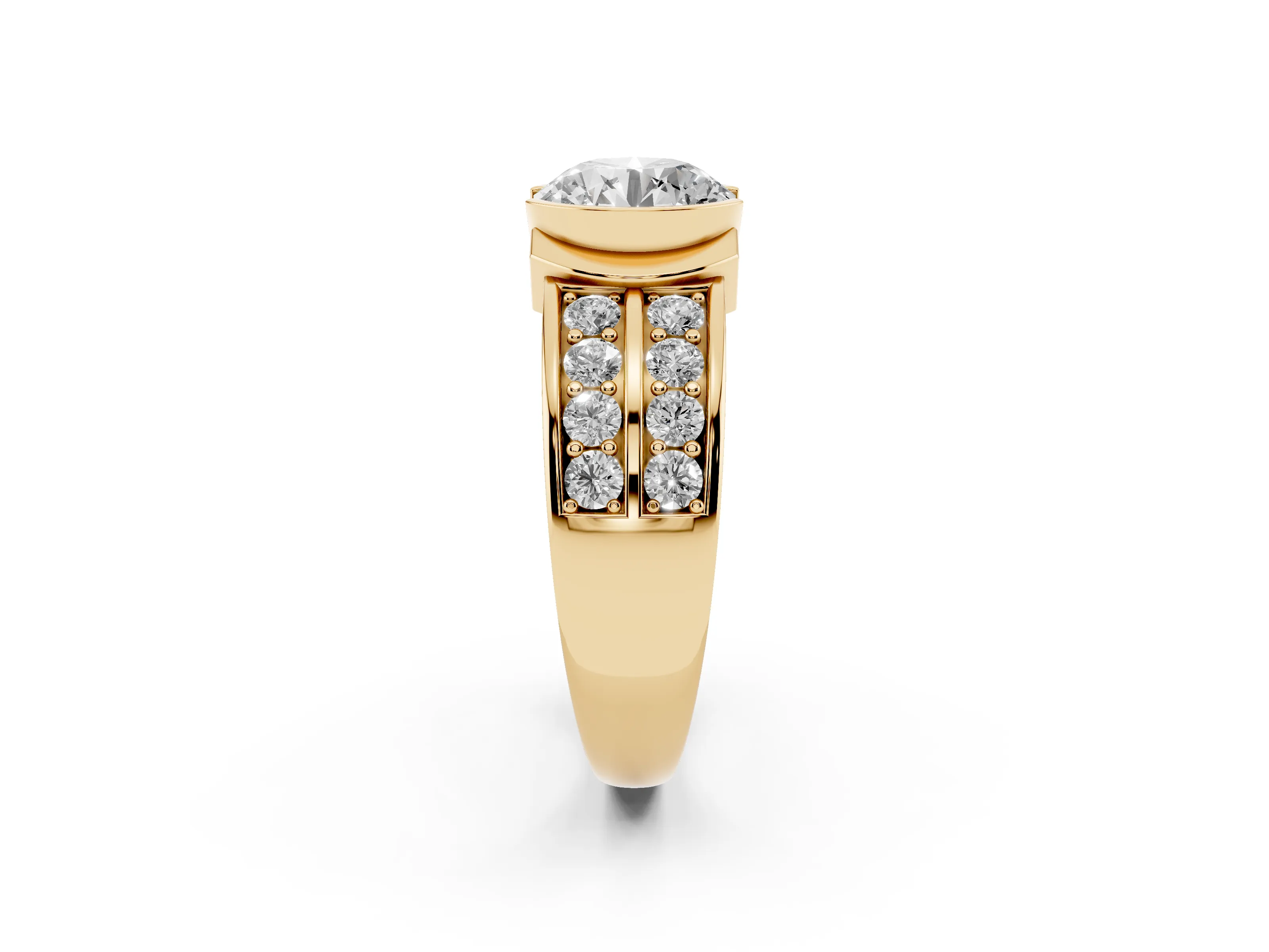 Round Cut Diamond Wide Channel Set Band Ring Set in Yellow gold with Bezel Setting