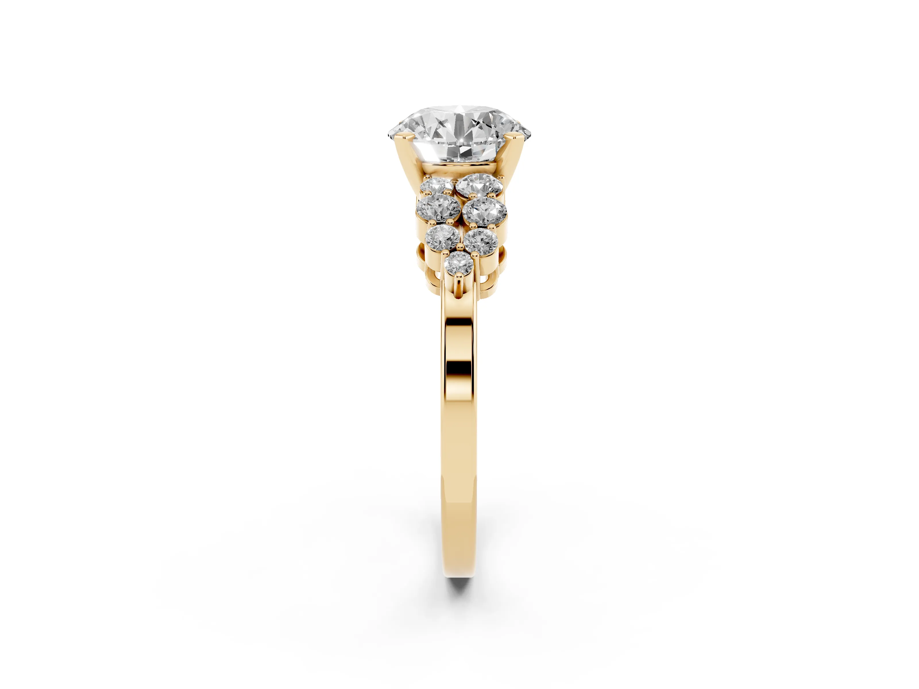 Round Cut Diamond Cluster Engagement Ring Set in Yellow gold with Pavé Band and Prong Setting