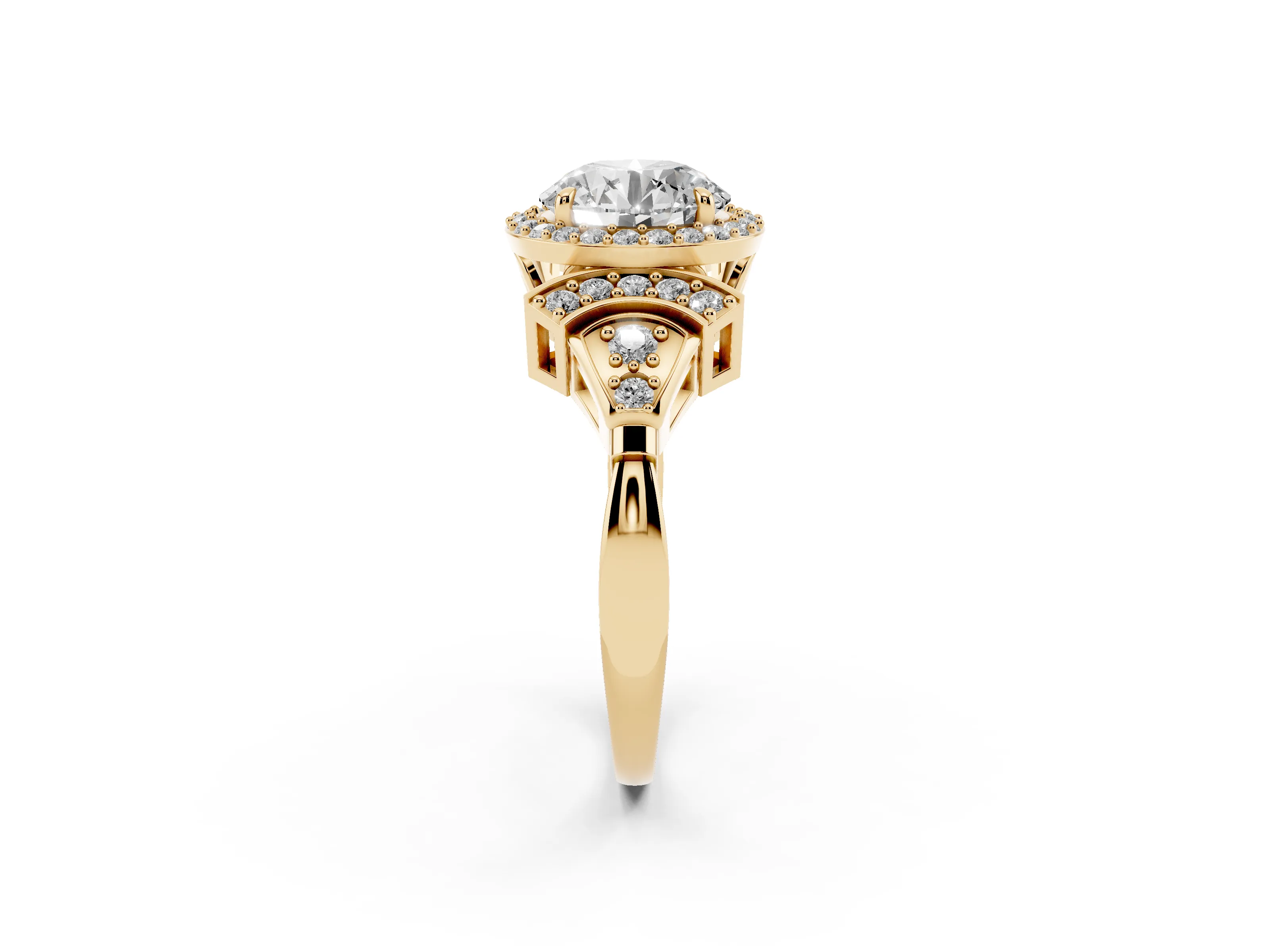 Round Cut Diamond Halo Engagement Ring Set in Yellow gold with Accent Stone Split Shank