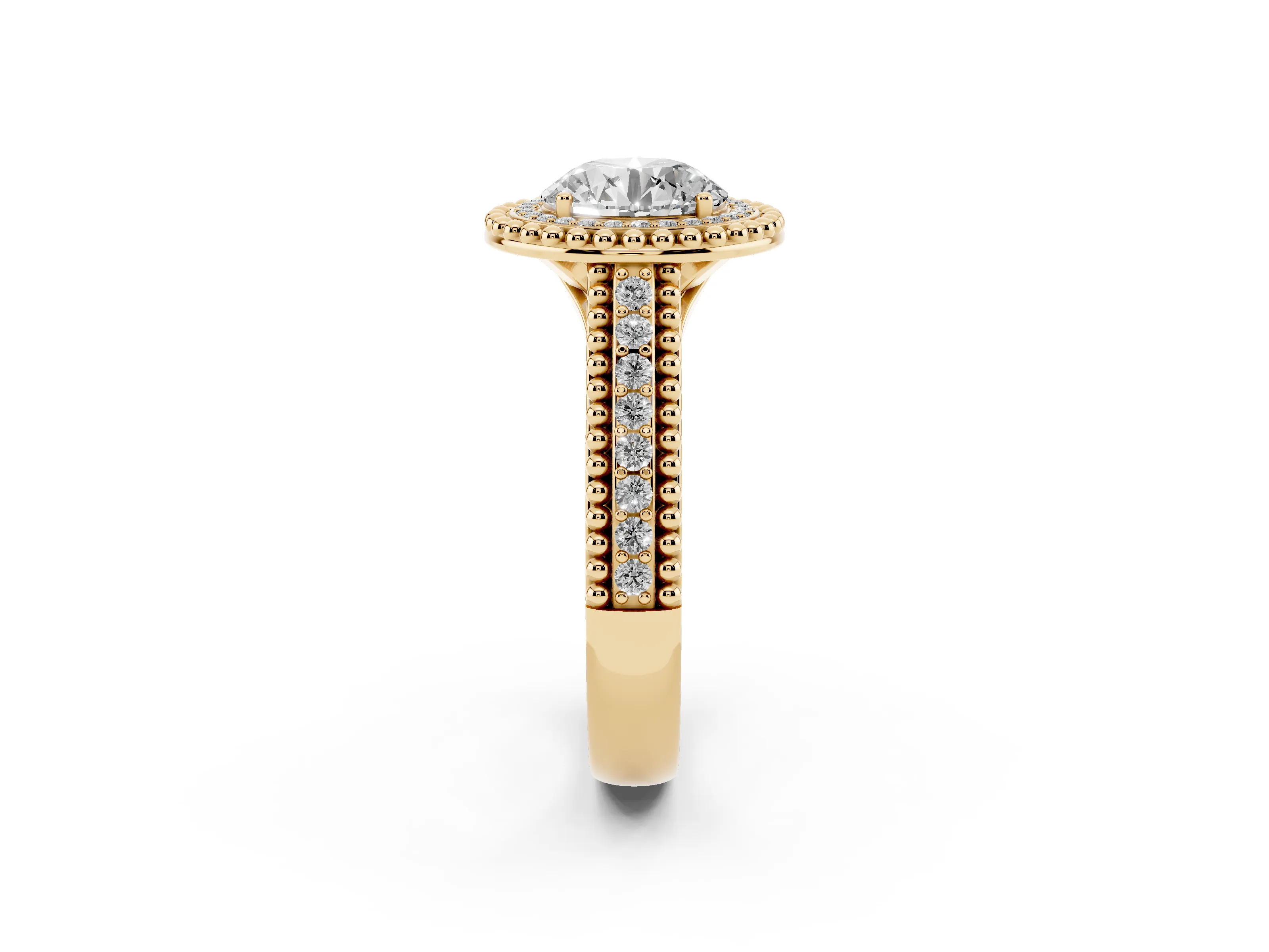 Round Cut Diamond Halo Ring Set in Yellow gold with Beaded Split Shank and Prong Setting