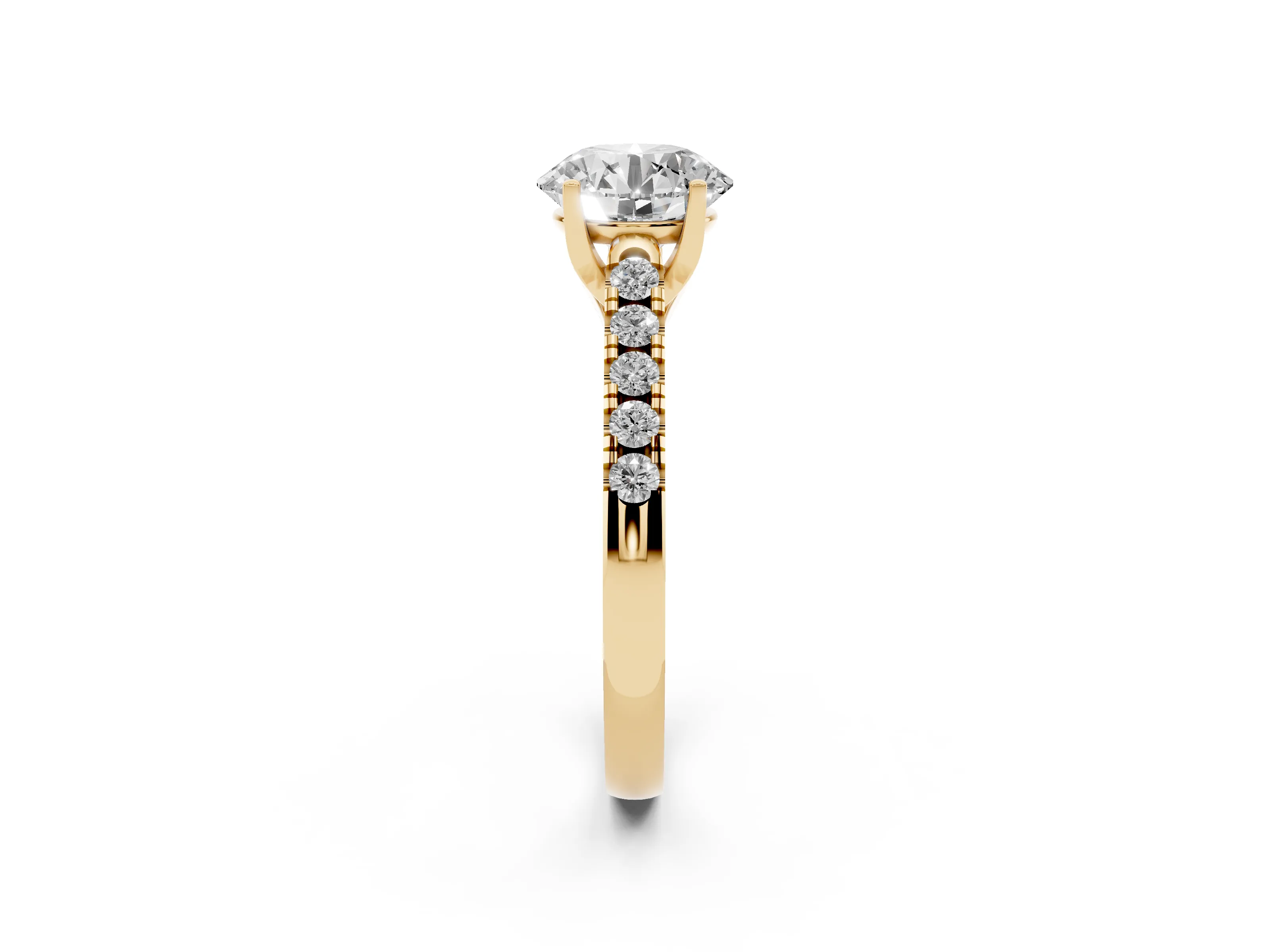 Round Cut Diamond Pavé Band Solitaire Ring Set in Yellow gold with Partway Accent Stones and Prong Setting