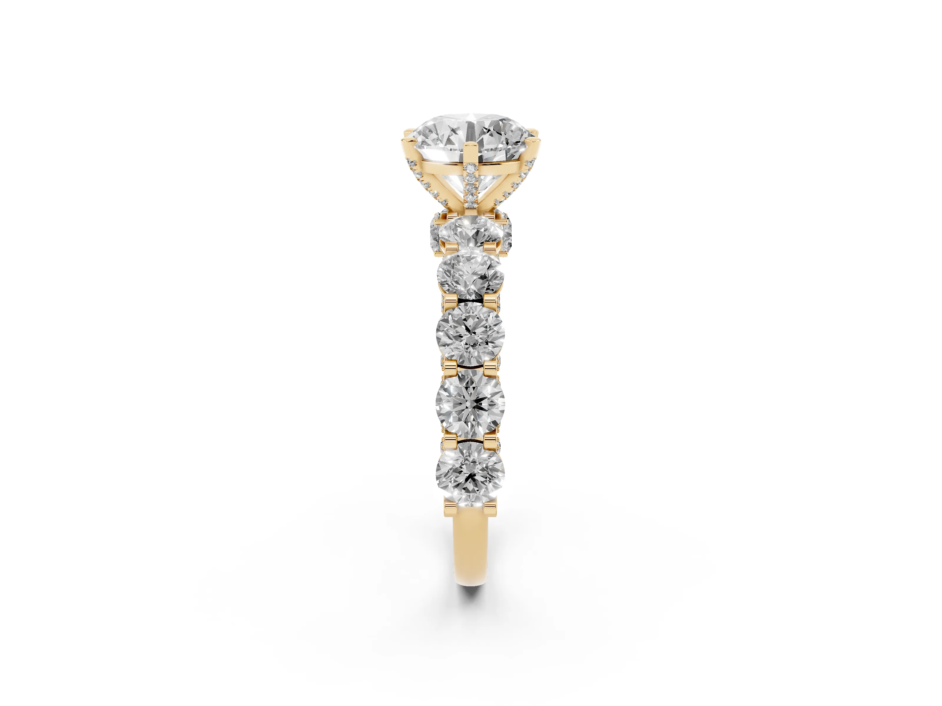 Round Cut Diamond Side Stone Ring Set in Yellow gold with Alternating Round and Oval Side Stones