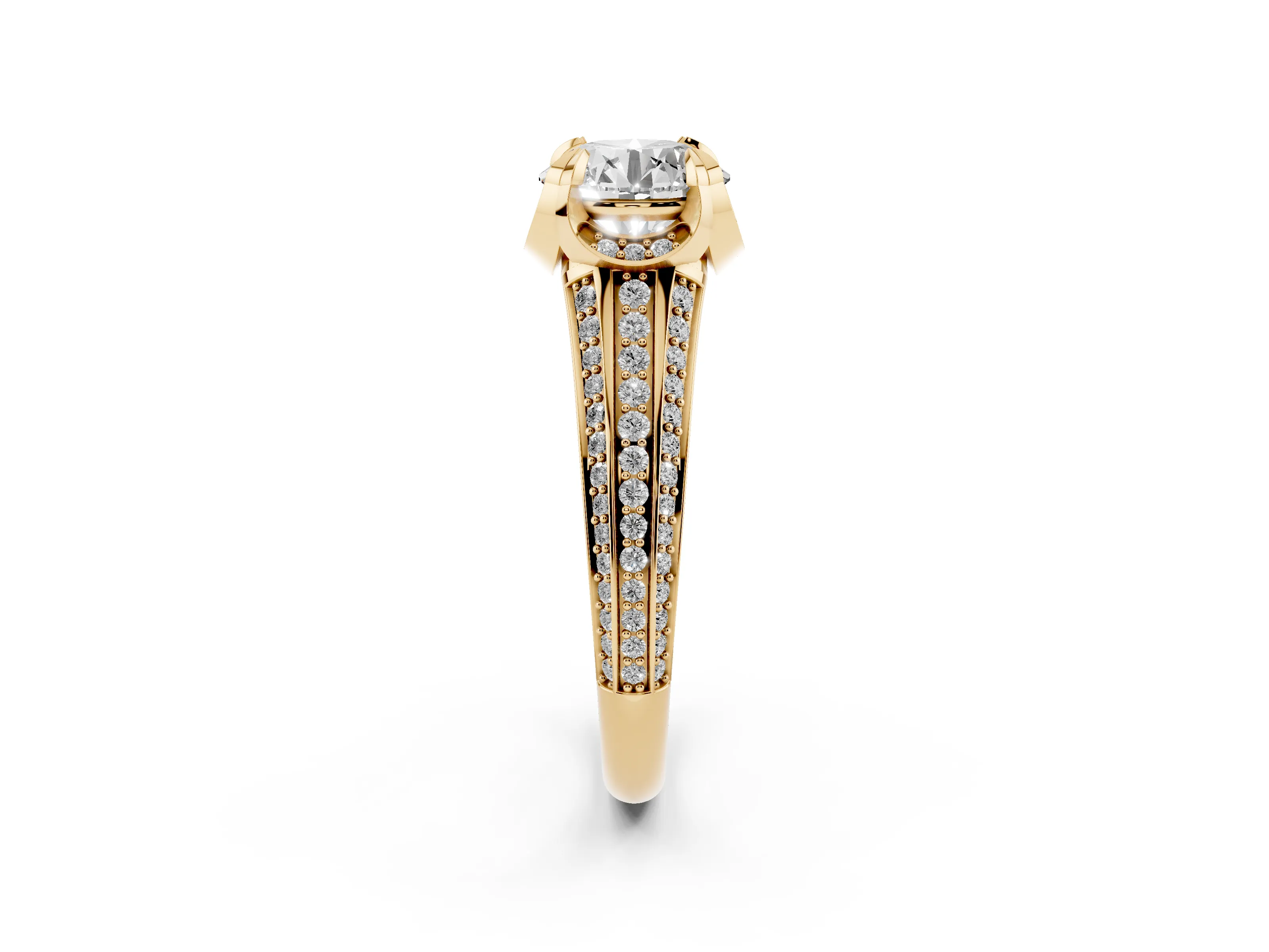 Round Cut Diamond Pavé Split Shank Solitaire Ring Set in Yellow gold with Prong Setting