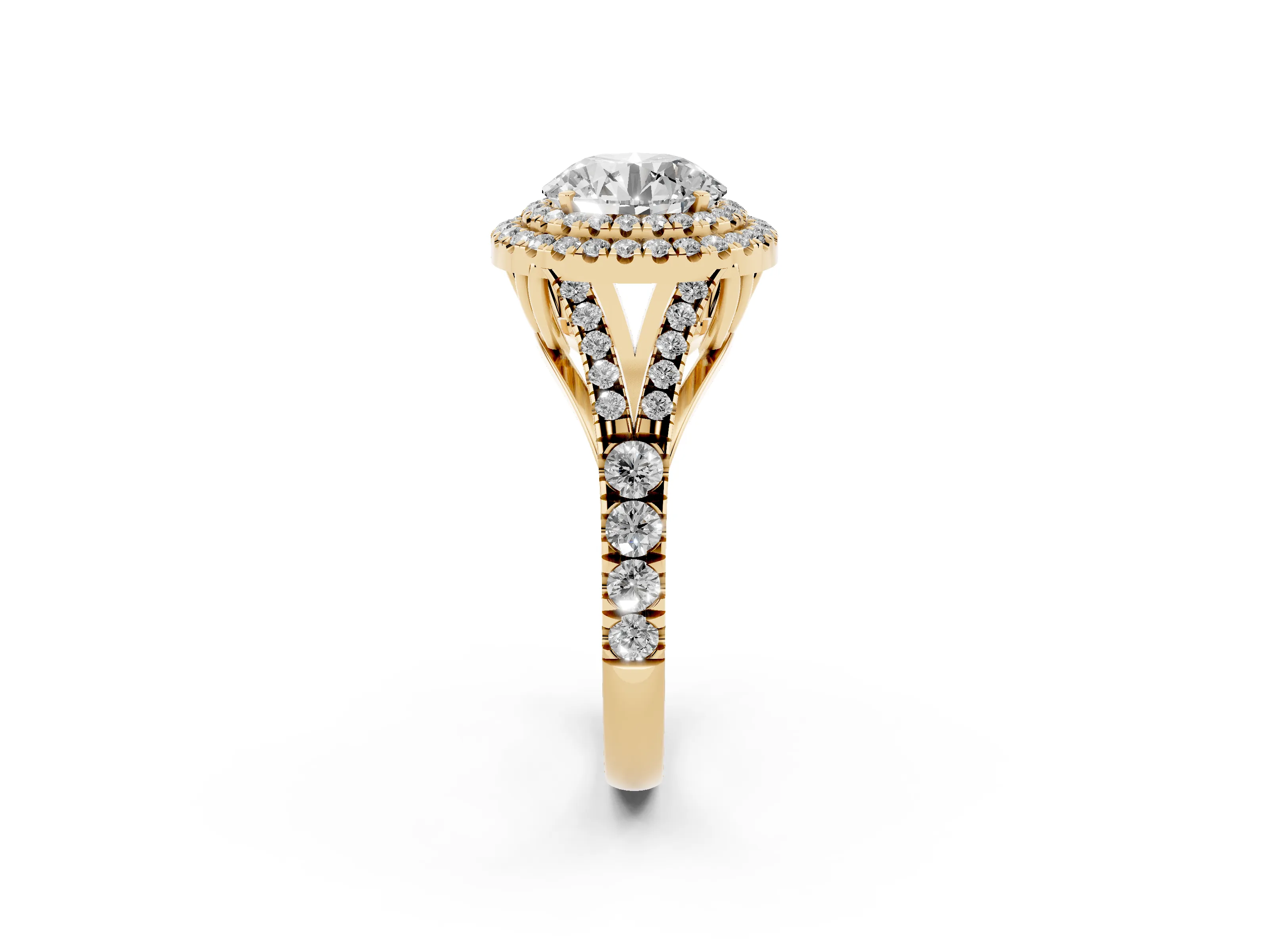 Round Cut Diamond Pavé Split Shank Double Halo Engagement Ring Set in Yellow gold