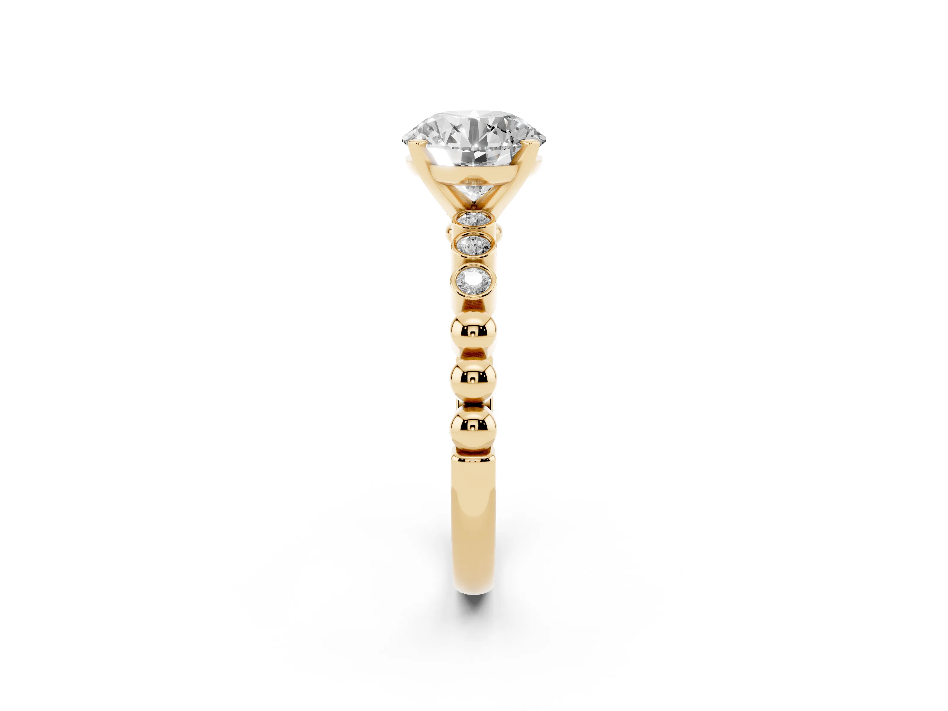 Round Cut Diamond Solitaire Engagement Ring Set in Yellow gold with Bezel Accents on Beaded Band