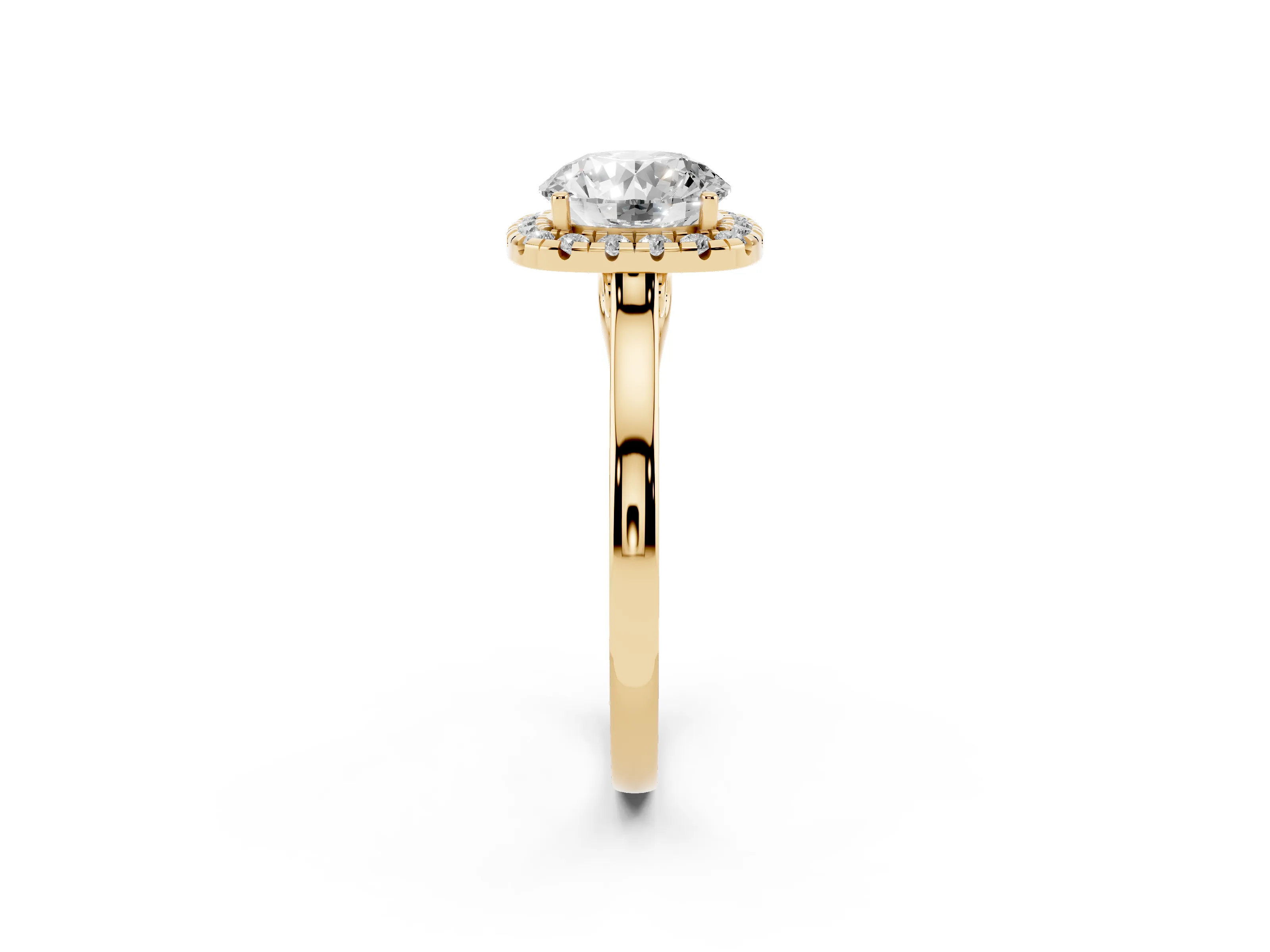 Round Cut Halo Round Diamond Solitaire Ring Set in Yellow gold with Pavé Band and Prong Setting