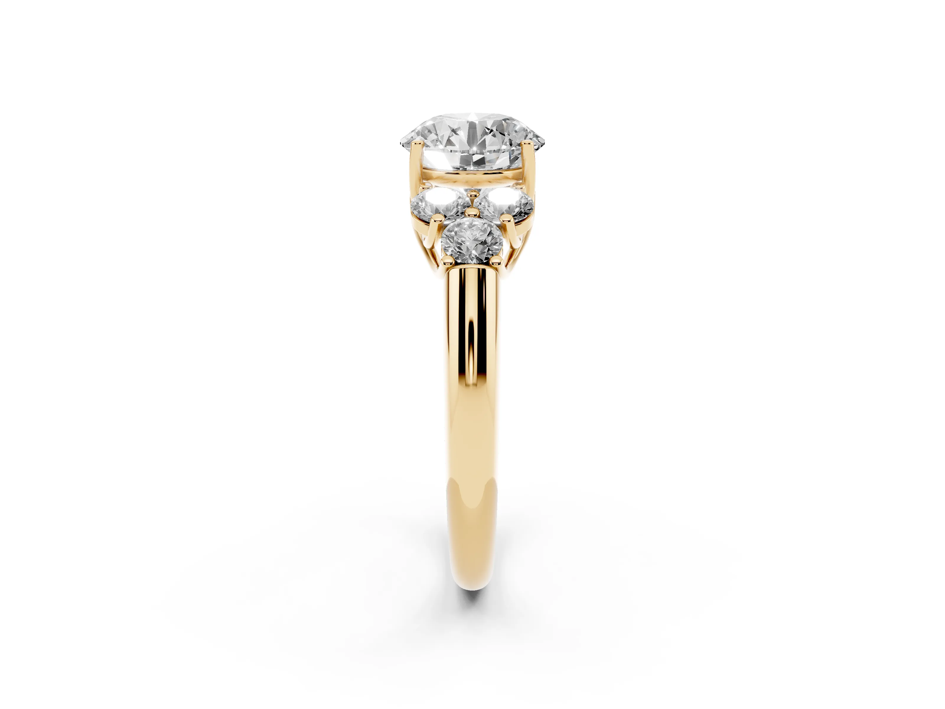Round Cut Diamond Cluster Ring Set in Yellow gold with Round Accent Stones and Prong Setting on a Plain Band