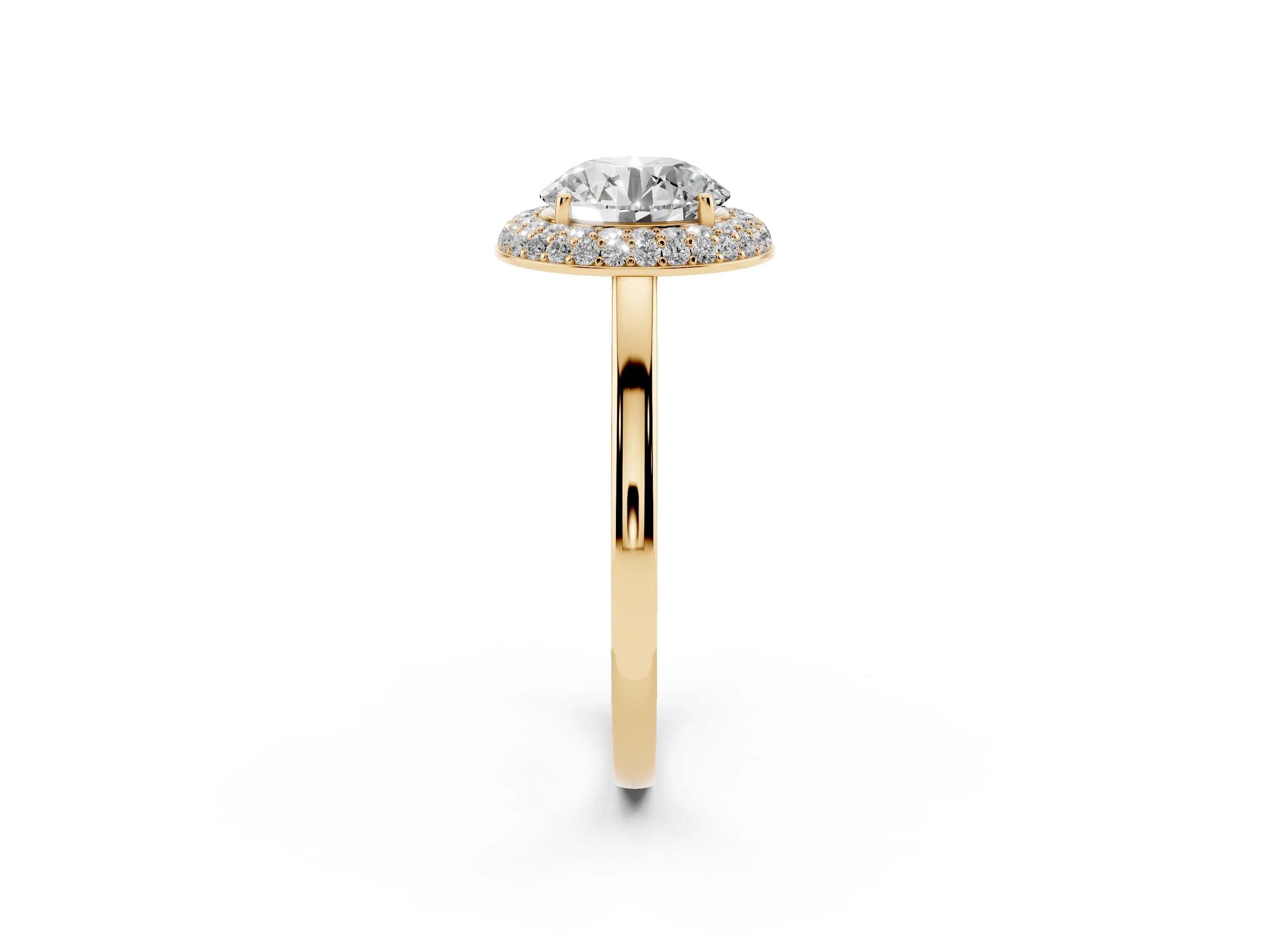 Round Cut Diamond Halo Engagement Ring Set in Yellow gold with Solitaire Band and Prong Setting