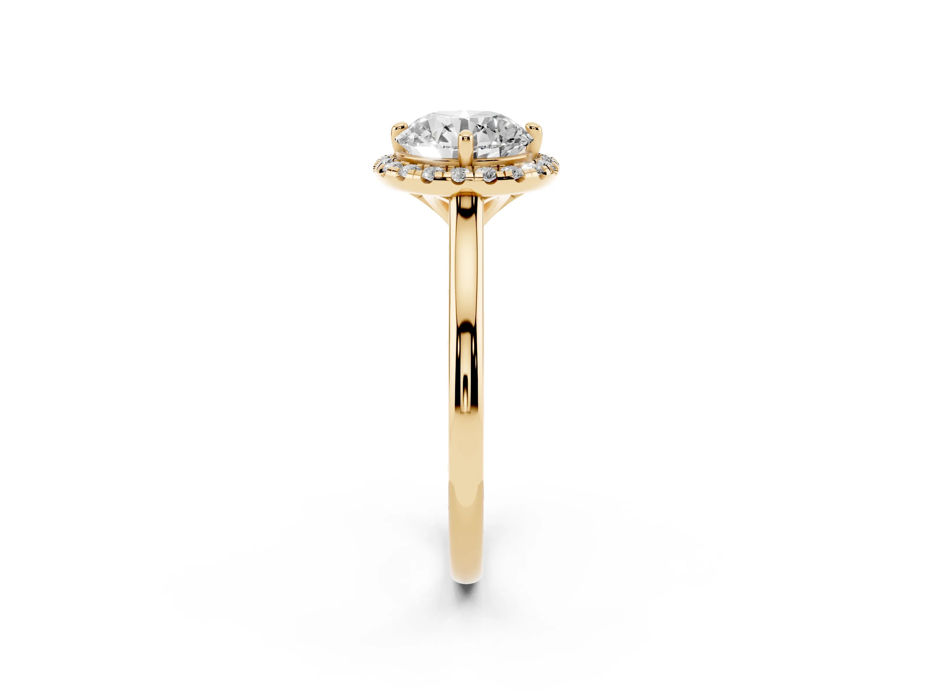 Round Cut Diamond Halo Engagement Ring Set in Yellow gold with Pavé Band and Rising Shoulders