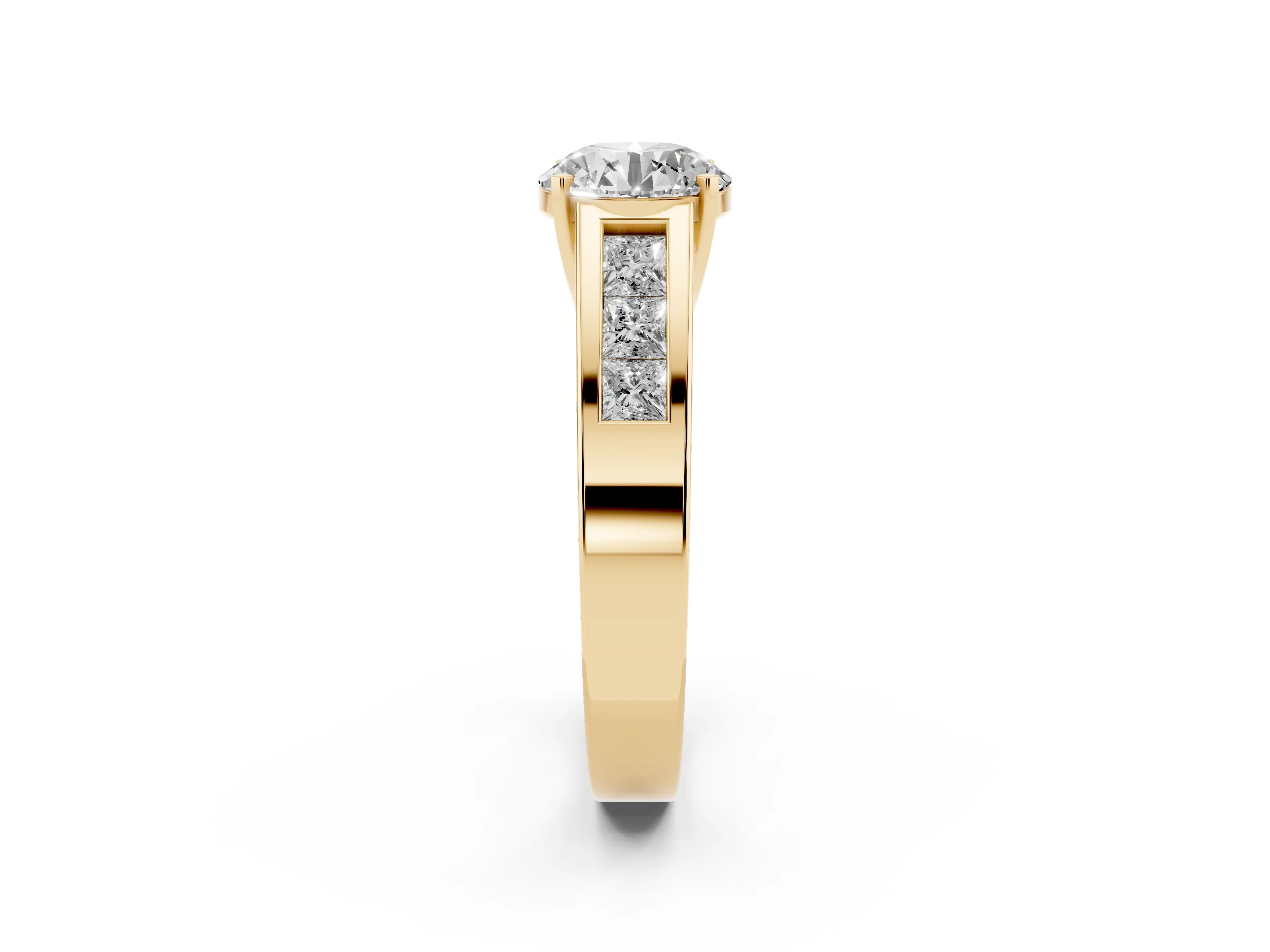 Round Cut Diamond Solitaire Ring Set in Yellow gold with Channel-Set Accent Stones and Prong Setting