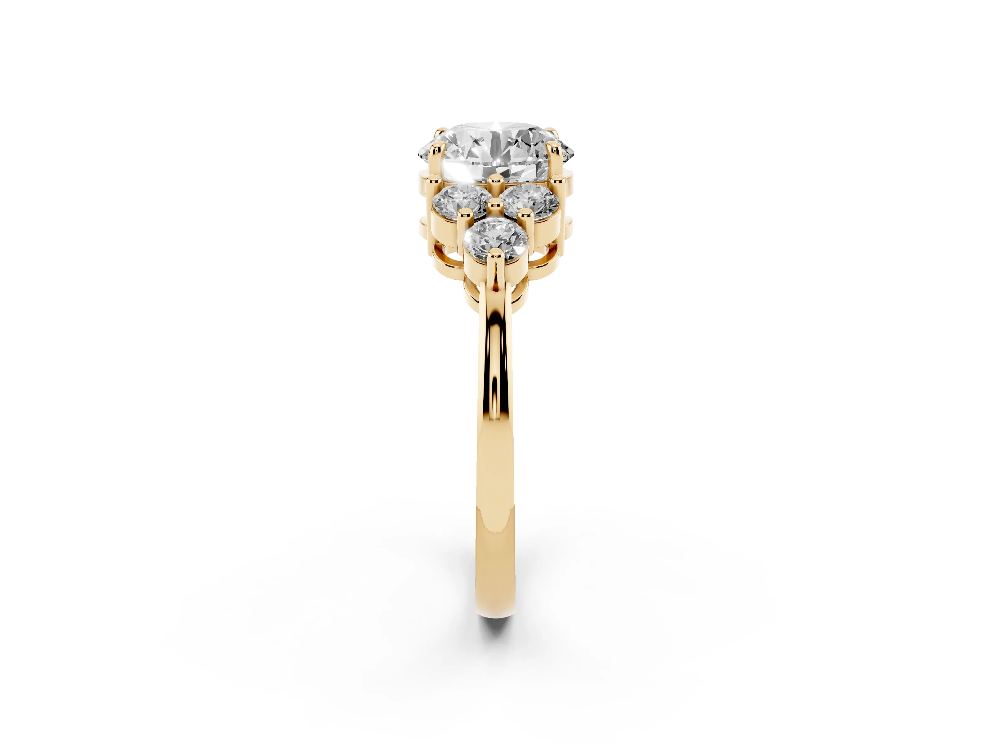 Round Cut Diamond Solitaire Ring Set in Yellow gold with Cluster Accents on Each Side