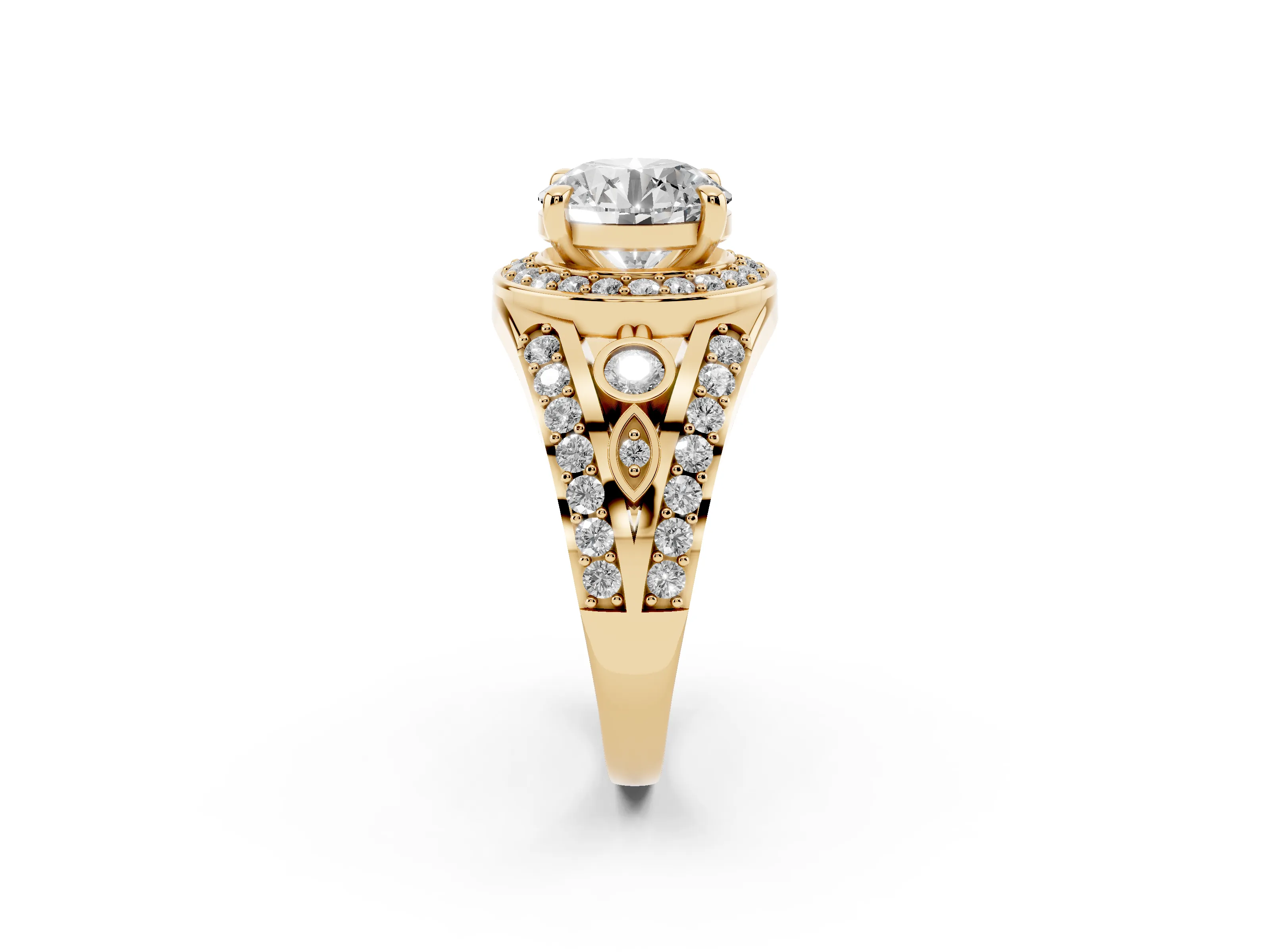 Round Cut Diamond Halo Ring Set in Yellow gold with Pavé Split Shank and Bezel Accents
