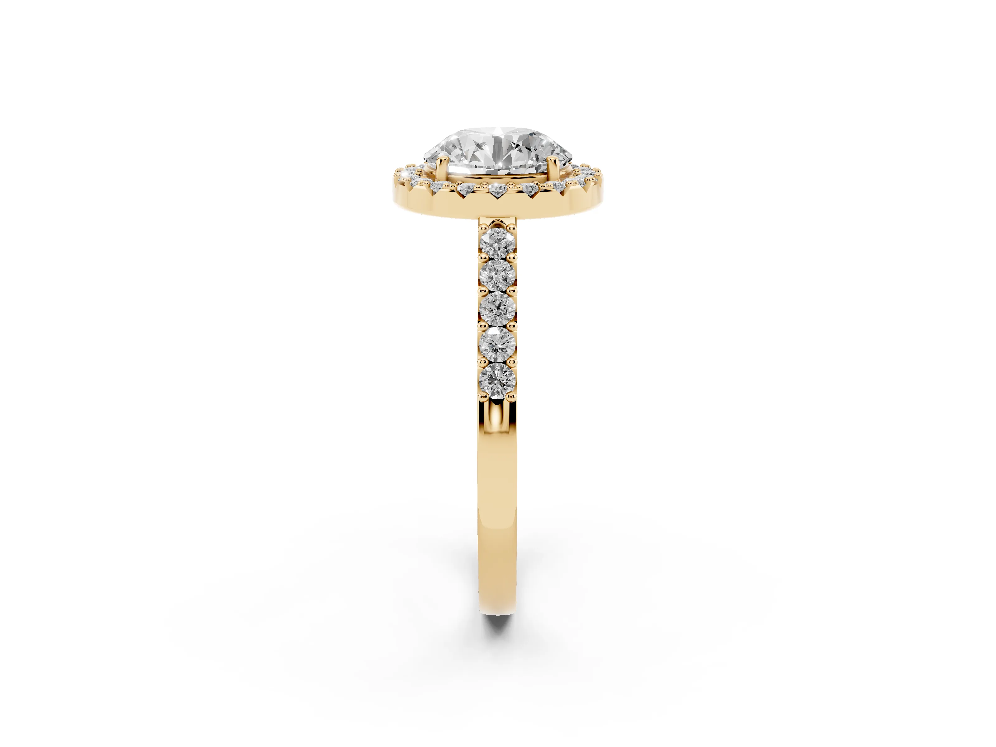 Round Cut Diamond Halo Pavé Solitaire Ring Set in Yellow gold with Prong-Set Center Stone