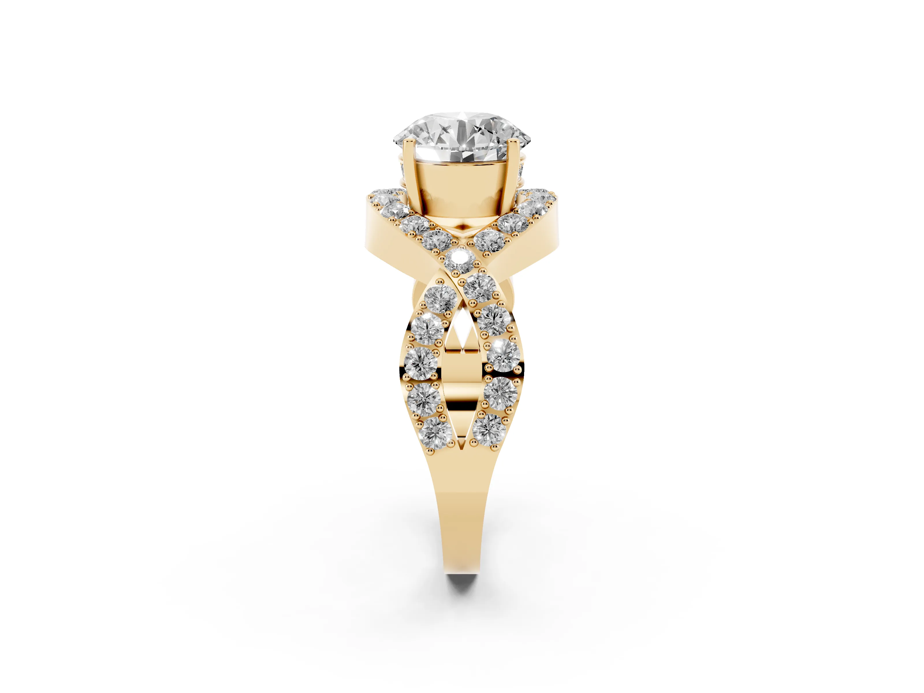 Round Cut Diamond Solitaire Twist Band Pavé Engagement Ring Set in Yellow gold